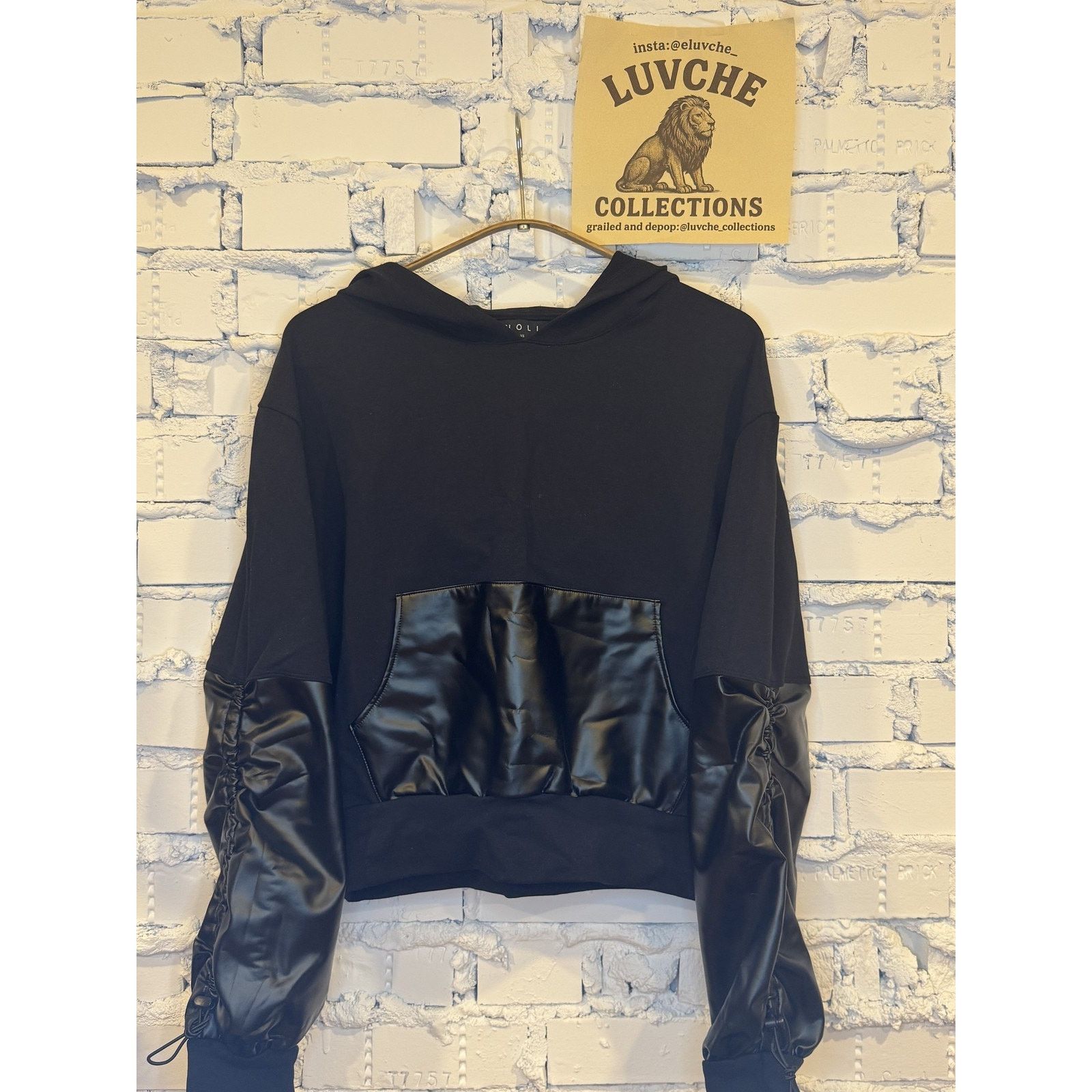 Garni Noli Hoodie Faux Leather Pocket Pullover Drawstring Sleeve Size XS / US 0-2 / IT 36-38 - 1 Thumbnail