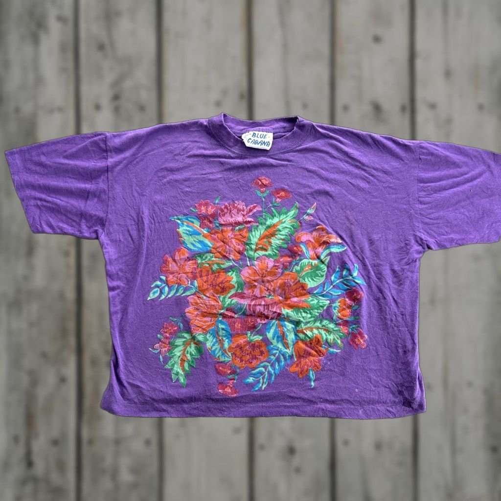 Vintage VINTAGE Blue Cabana Shirt Womens Medium Purple Floral Graphic Oversized 90s Tee Size L / US 10 / IT 46 - 1 Thumbnail