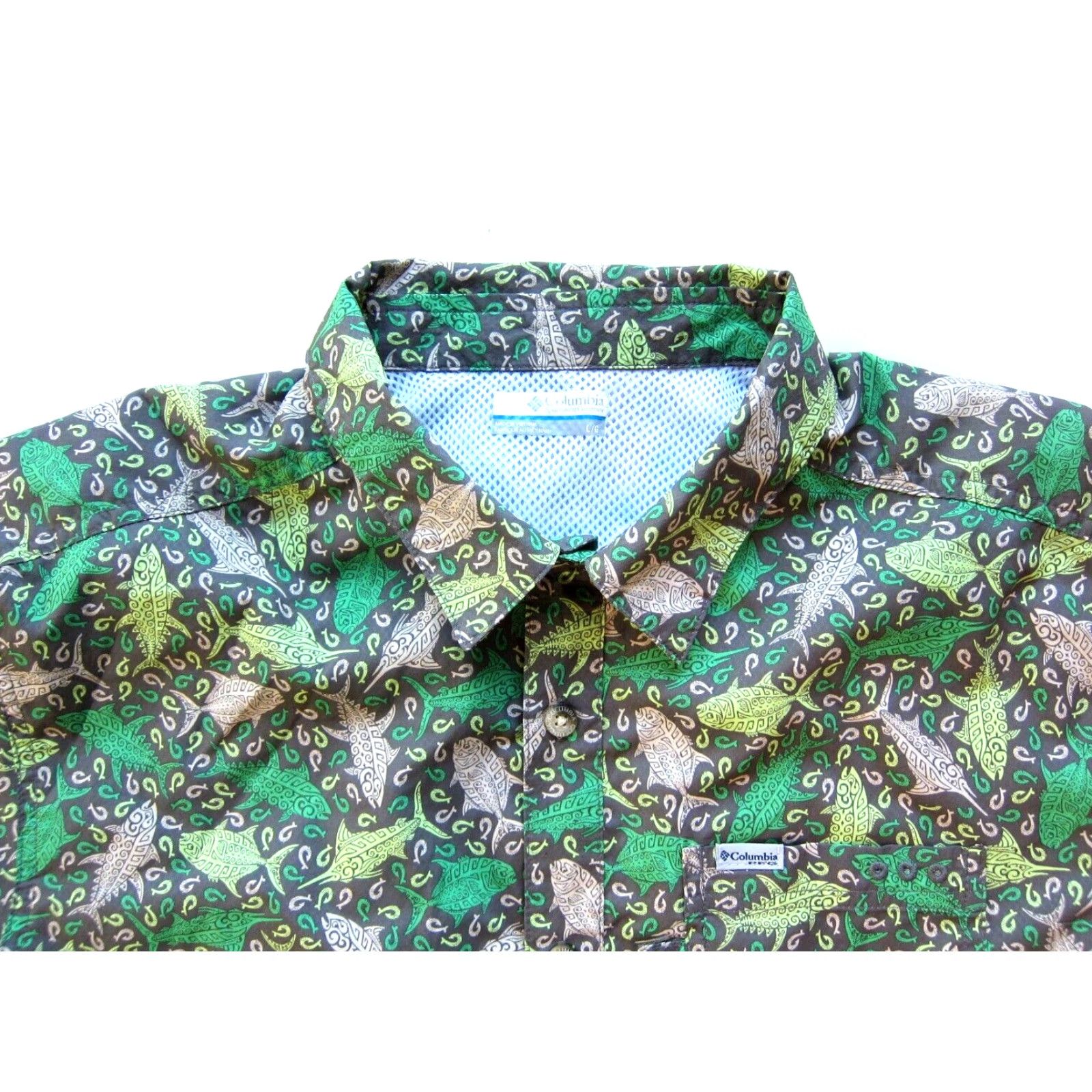 Pinko Columbia Shirt Button-Up Hawaiian Short Sleeve Fish Hook Large Mens Gray Green Pink Collar-Down 100% Polyester Size US L / EU 52-54 / 3 - 4 Thumbnail