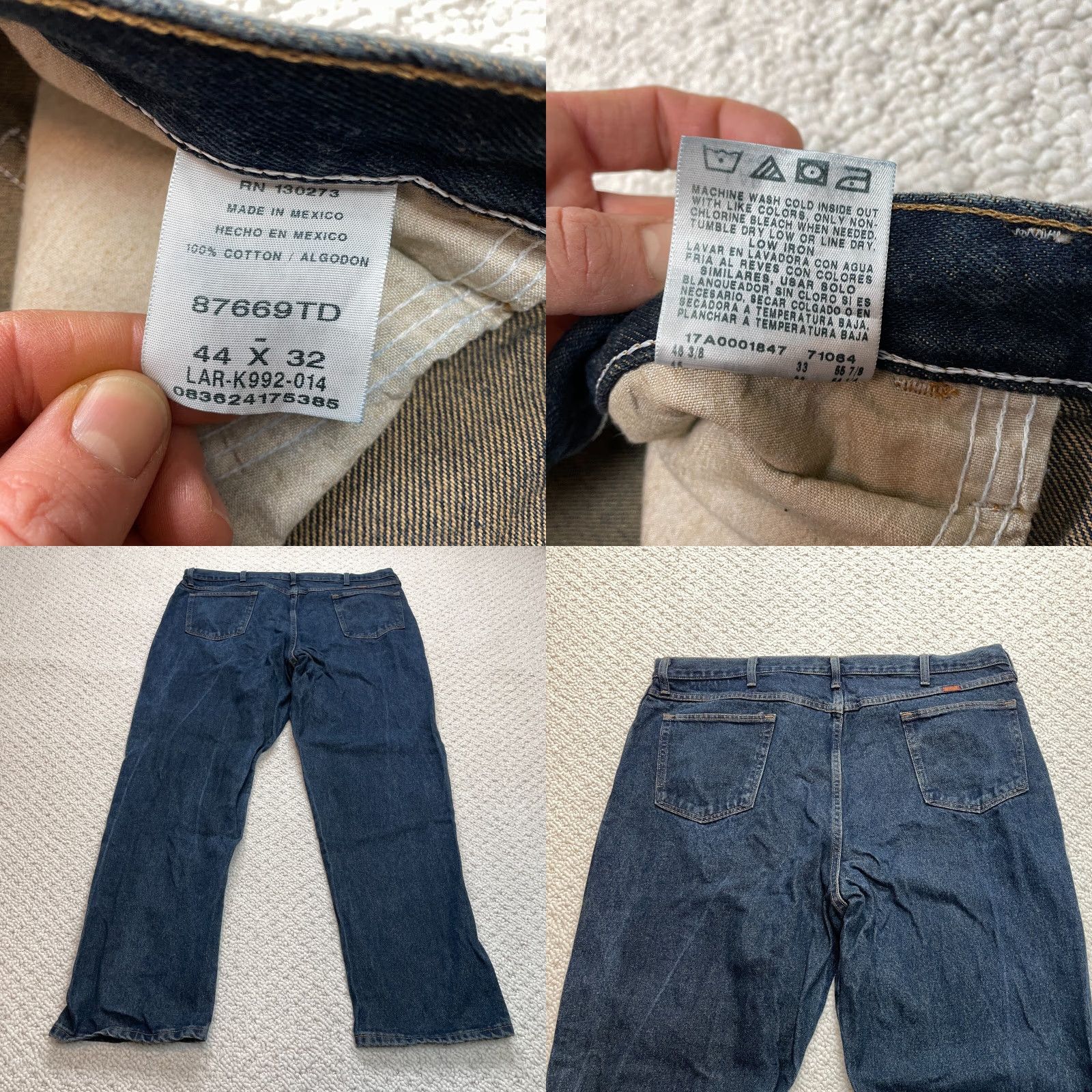 Denime Rustler Jeans Mens 44 x 32 Blue Dark Denim Straight Leg Relaxed Regular Waist 44 In 5-Pocket Design Zip Closure Cotton Vintage No Size US 44 / EU 60 - 8 Thumbnail