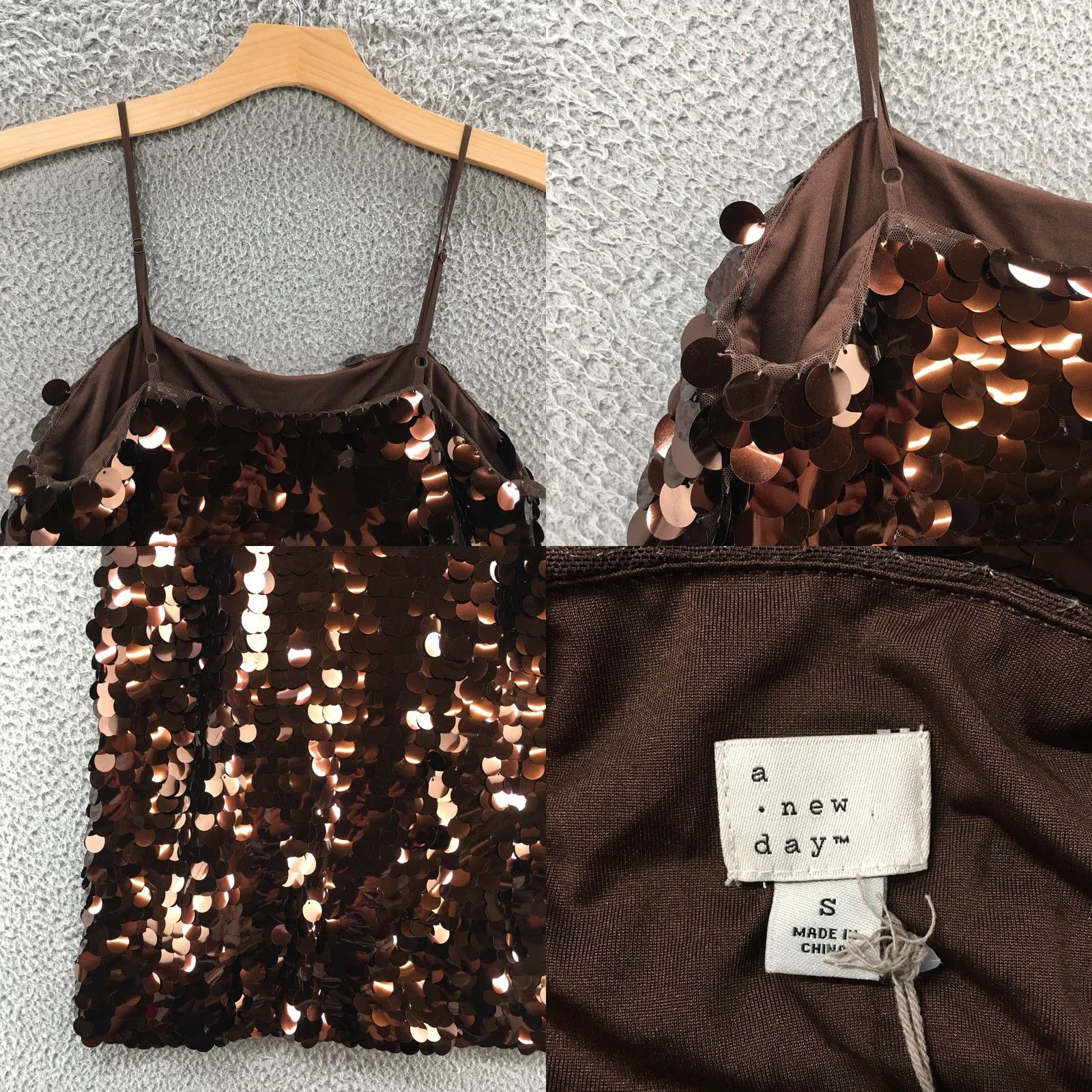 Vintage A New Day Mini Shift Party Dress Womens Small Brown Sequin Strappy Sleeve NEW Size S / US 4 / IT 40 - 9 Thumbnail