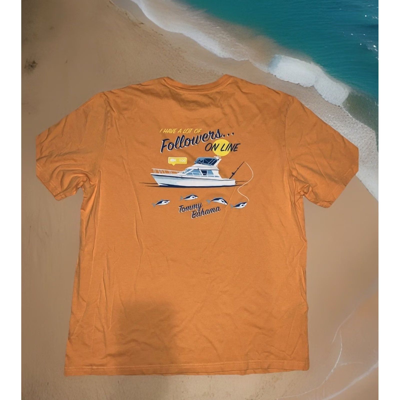 Tommy Bahama VINTAGE Tommy Bahama Shirt Mens M Orange Navy Beach Bohemian California Florida Tropical Logo 2-Sided Crew Neck Short Sleeve Cotton Knit Size US M / EU 48-50 / 2 - 2 Thumbnail