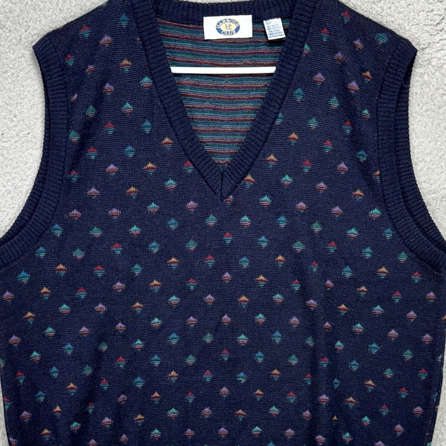 Vintage VINTAGE Harbor Club Mens Sweater Vest Large Navy Blue Multi Geometric V-Neck Size US L / EU 52-54 / 3 - 2 Thumbnail