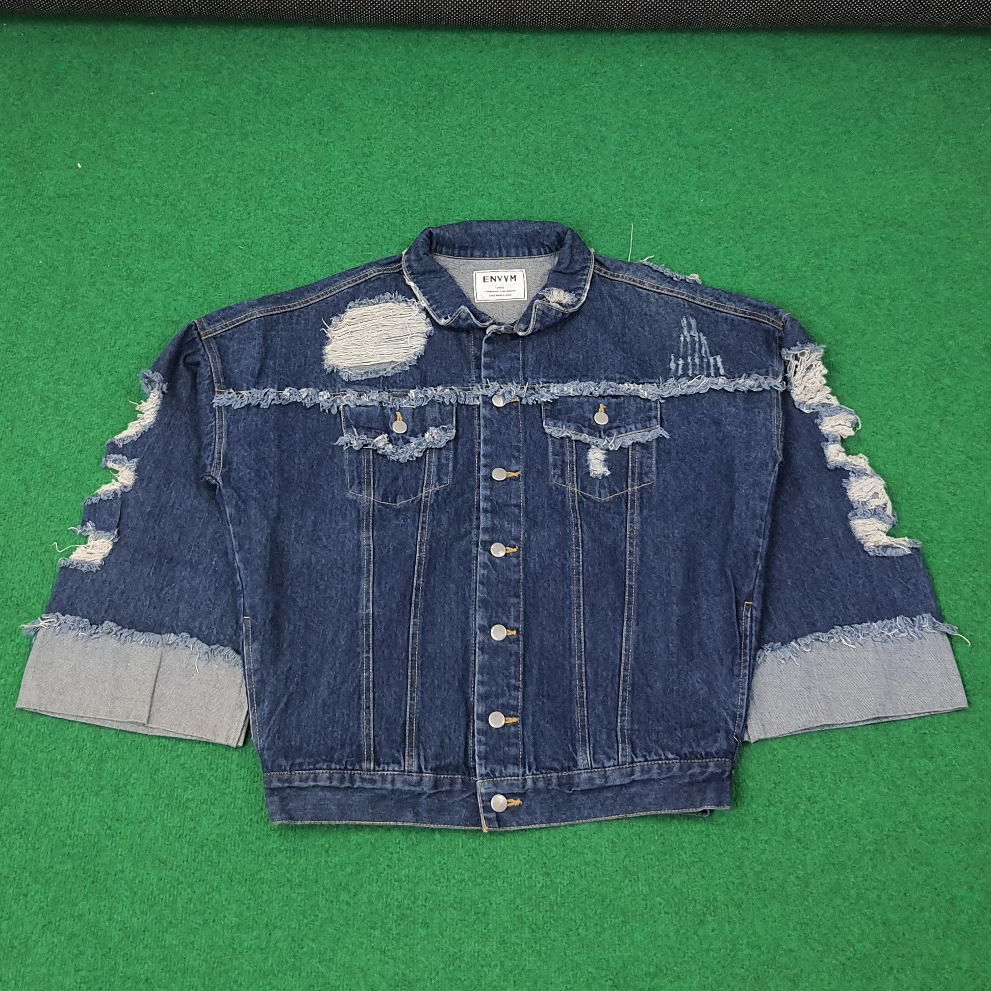 Japanese Brand Vintage ENVYM Ripped Denim Raw Hem Jacket C266N20 Size US L / EU 52-54 / 3 - 1 Thumbnail