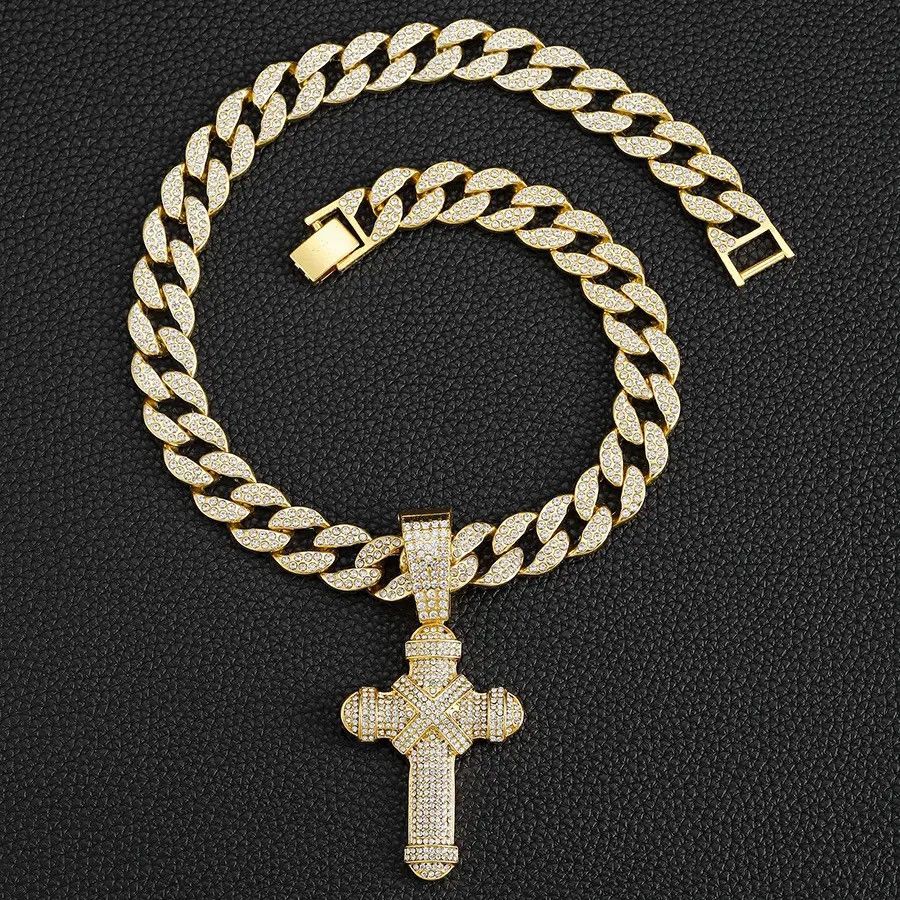 Jewelry 15mm Width Iced Cuban Chain & R.Stone Cross Pendant Necklace Size ONE SIZE - 3 Thumbnail
