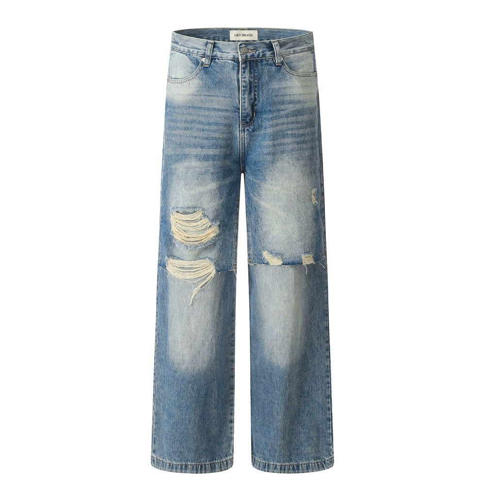 Jean Men's punk distressed washed raw edge patchwork ripped jeans Size US 32 / EU 48 - 1 Thumbnail