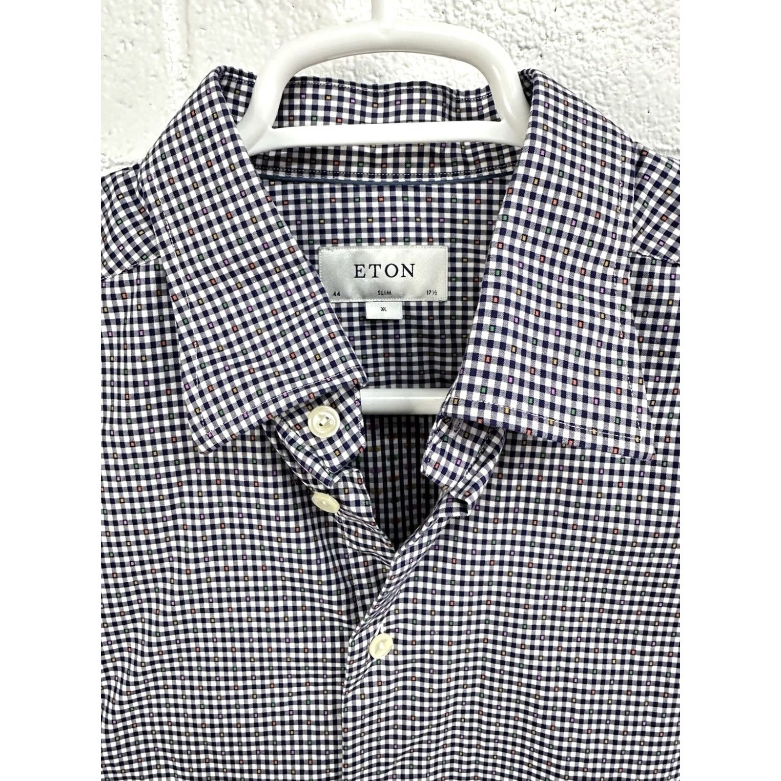 Eton Eton Slim White Gingham Rainbow Polka Dot L/S Button Shirt XL Size 46R - 2 Thumbnail