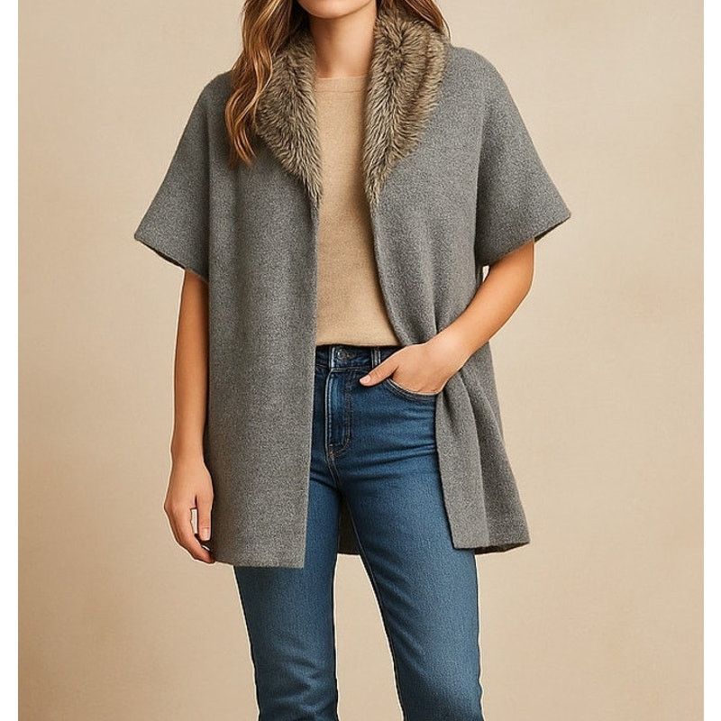Chicos Chico’s Lillian Faux Fur Collar Cardigan Sweater Gray Wool Size M / US 6-8 / IT 42-44 - 4 Thumbnail