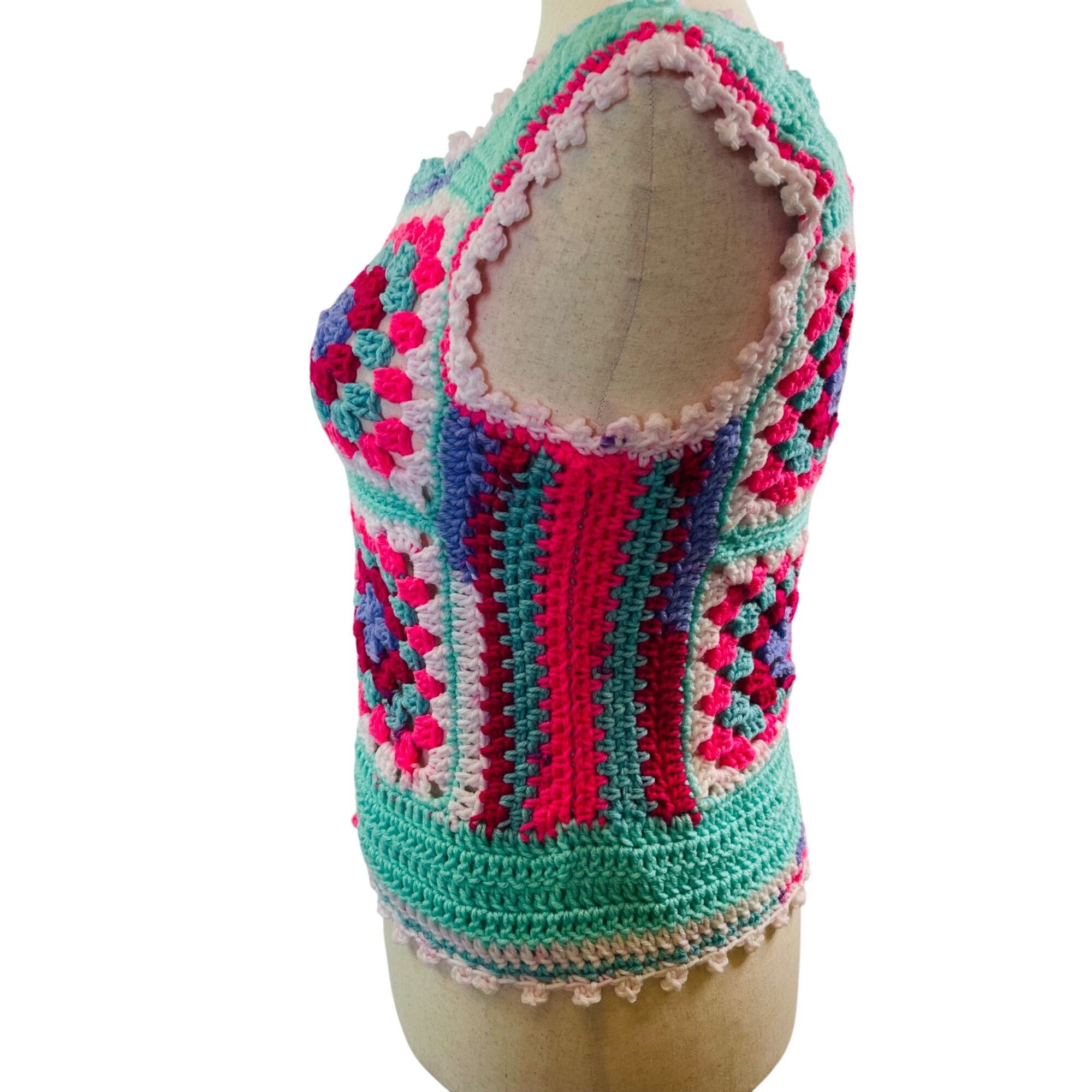 Handmade Crochet Vest Tank Top Retro 70's Hippie Granny Square Rib Ti Size ONE SIZE - 2 Thumbnail