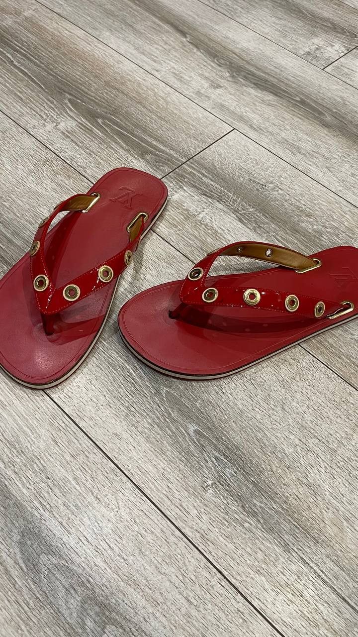 Louis Vuitton Louis Vuitton Red Leather Flip Flops Sandals Gold Studded Size US 10 / IT 40 - 4 Thumbnail