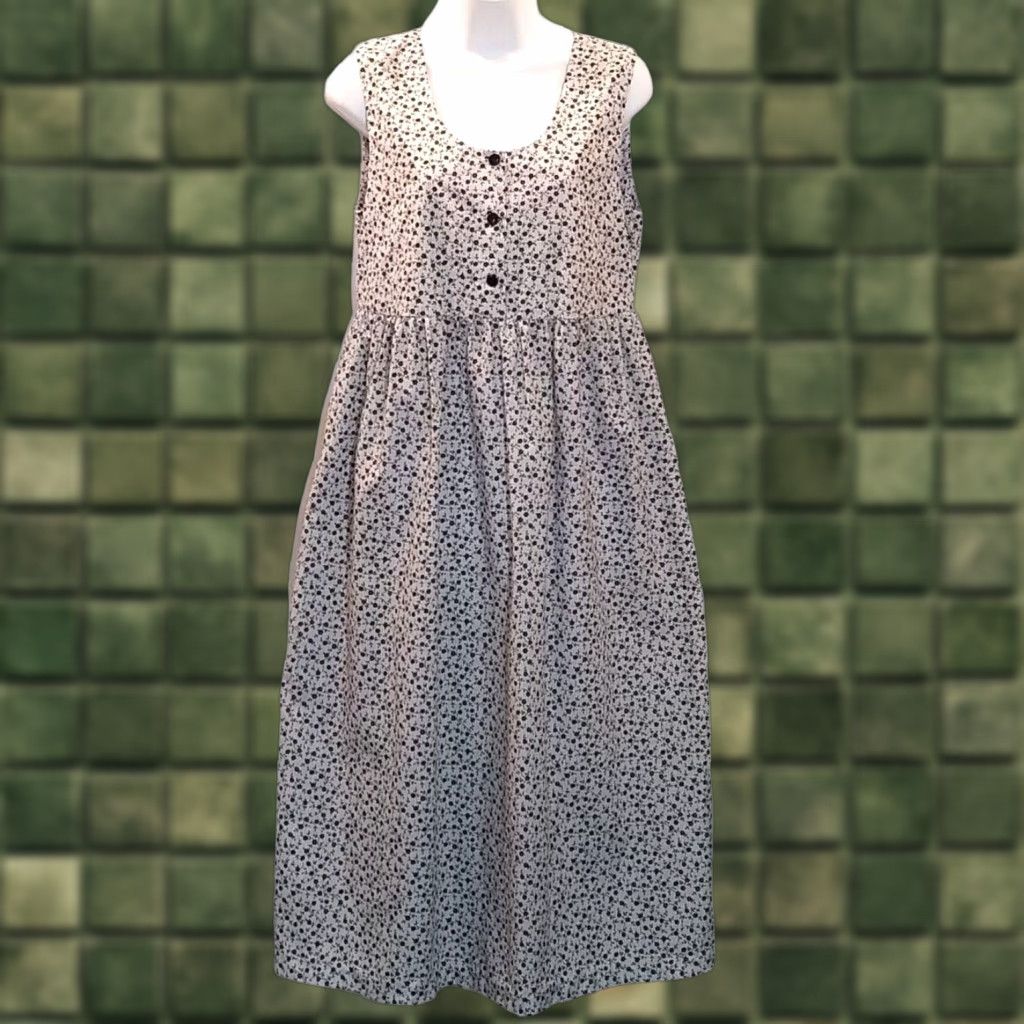 VINTAGE 90s Y2K Sleeveless Midi Dress Jumper XS Cottage Ditsy Print Pockets Floral Black White Lilies Women's Dress