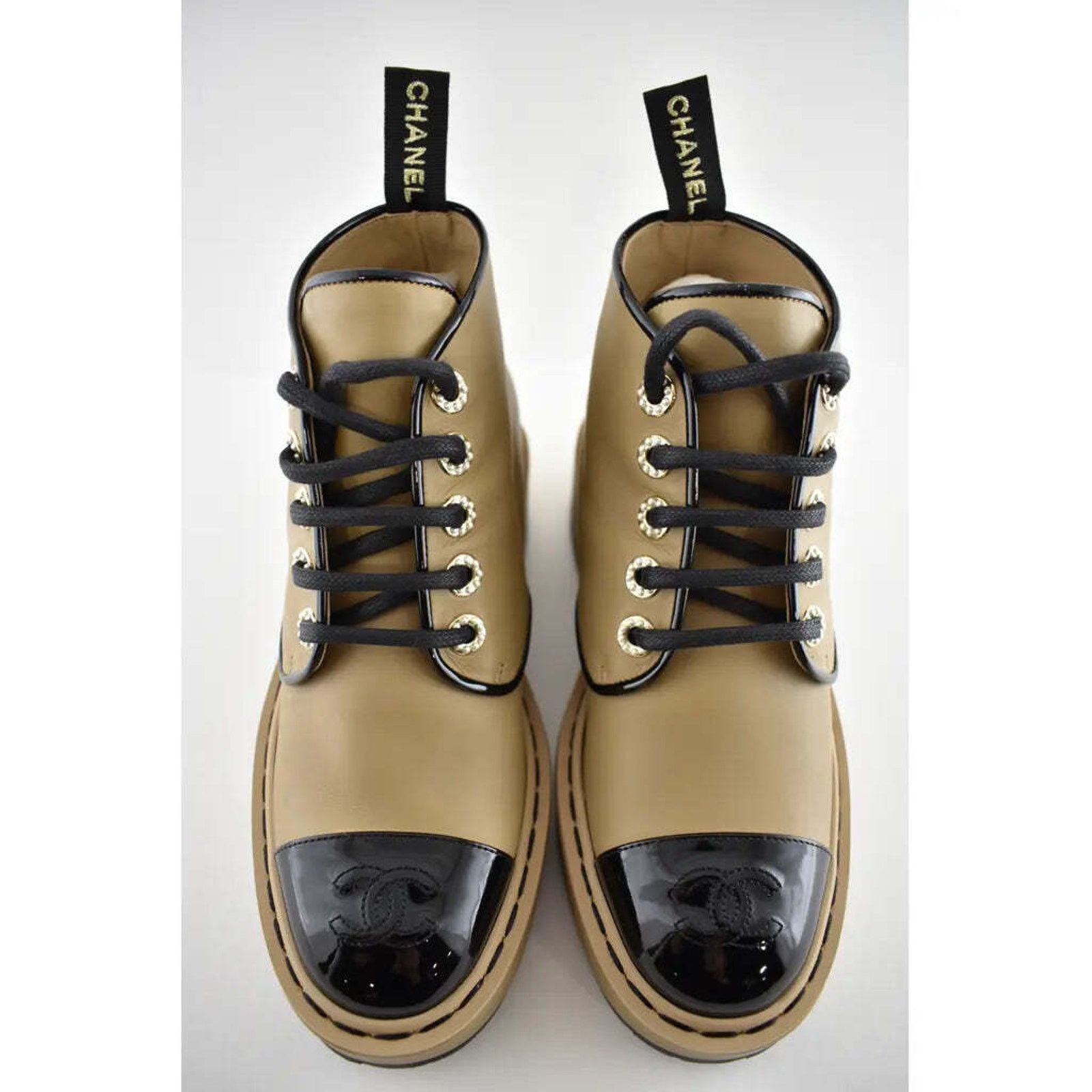 Chanel Chanel 20B Beige Black Leather Pearl CC Combat Lace Up Tie Size US 5 / IT 35 - 5 Thumbnail
