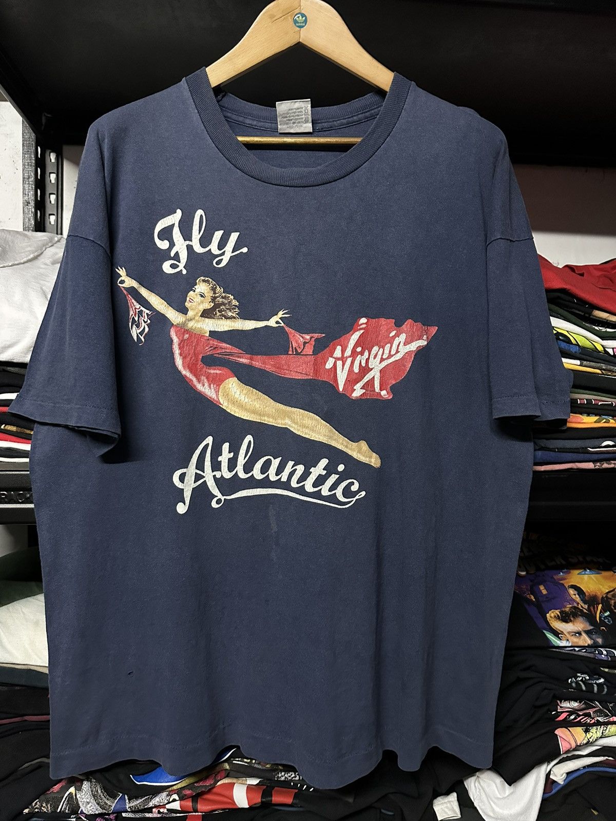 image of Band Tees x Vintage 90's Fly Virgin Altantic Record Faded Tee in Blue, Men's (Size 2XL)