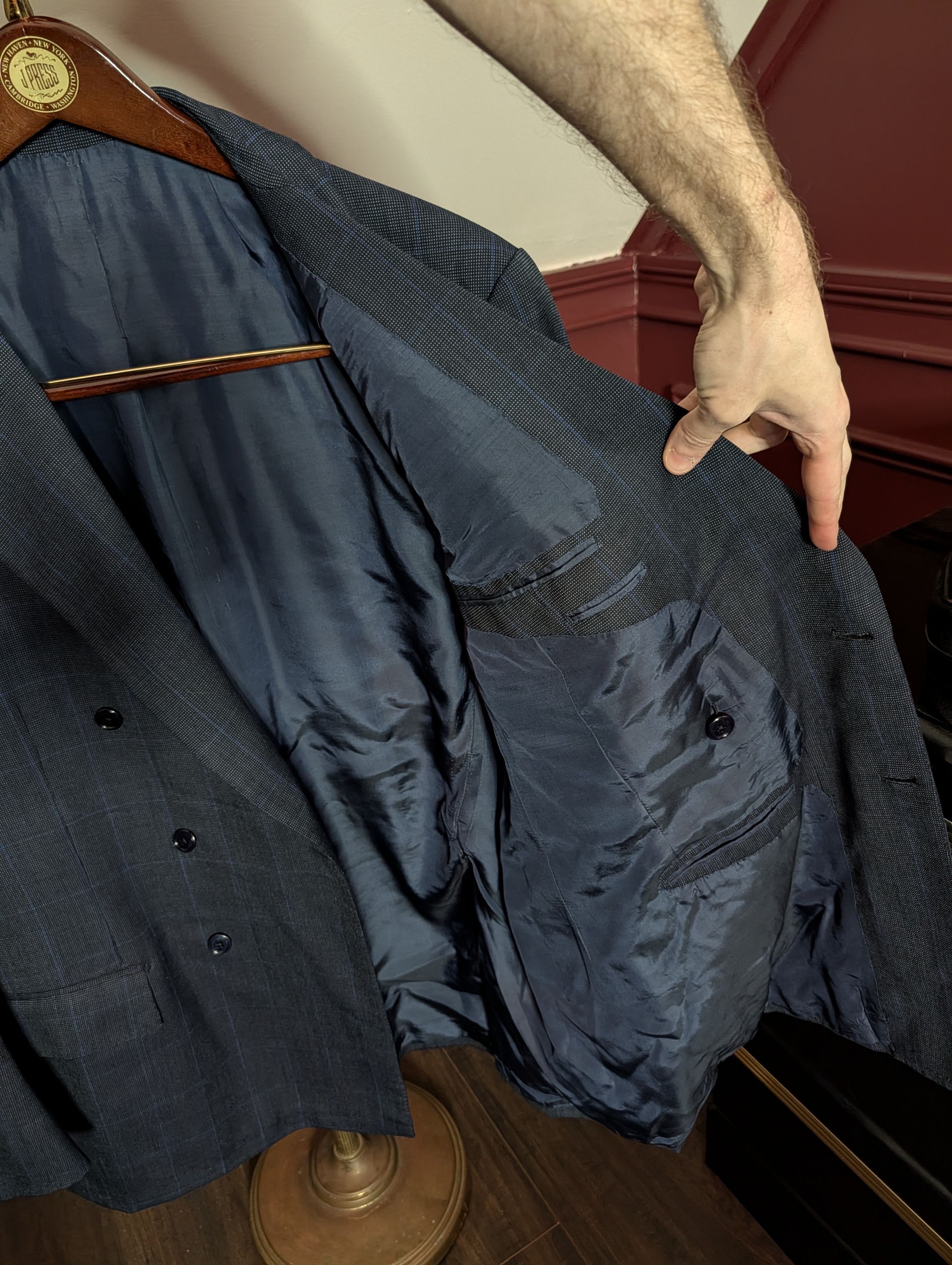 Bespoken NAURA Paris bespoke navy check double breasted jacket Size 44R - 10 Thumbnail