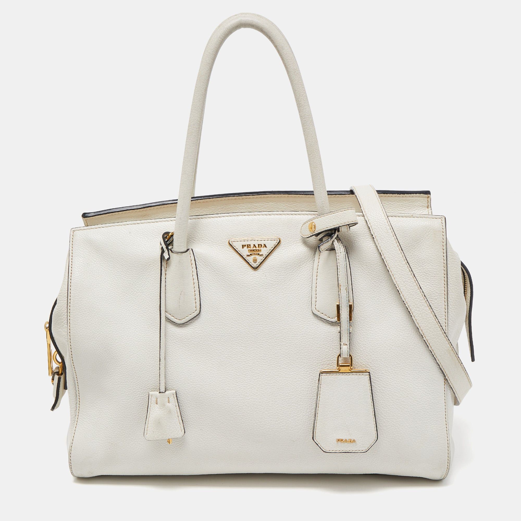 image of Prada White Vitello Daino Leather Satchel, Women's