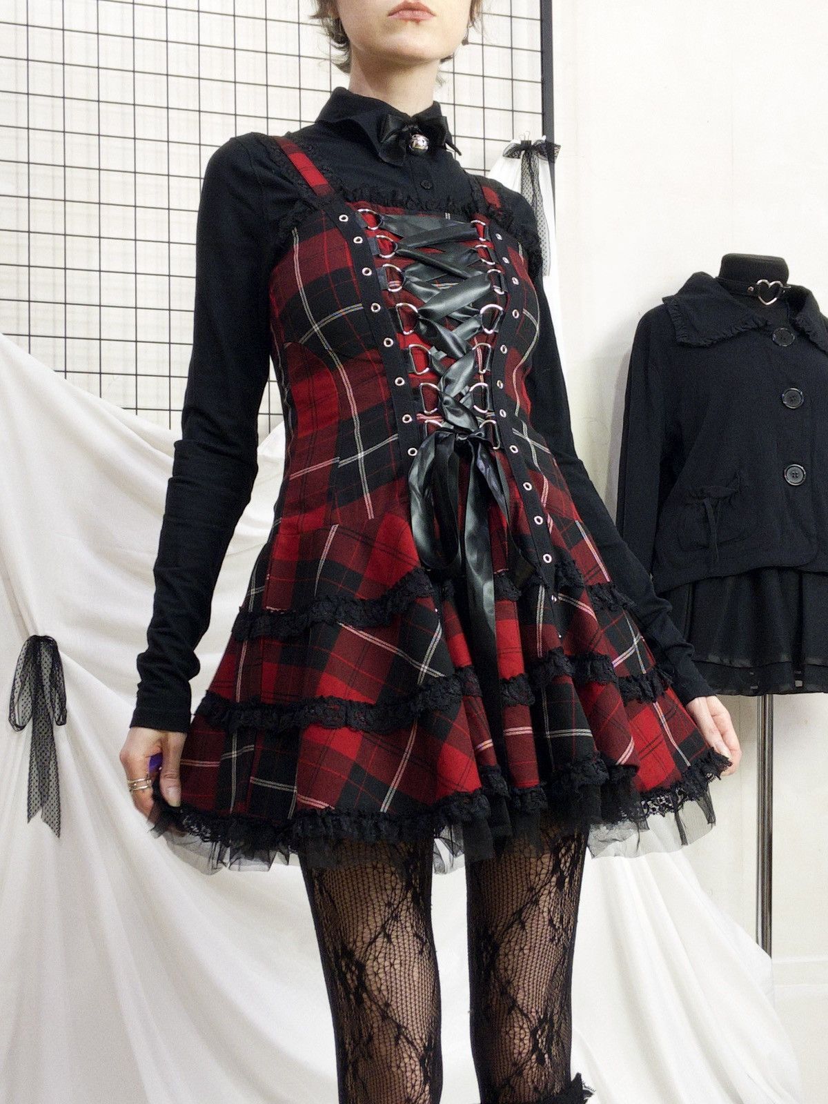 Vintage Hell Bunny tartan corset mini dress with lace alt goth punk Size XL / US 12-14 / IT 48-50 - 10 Thumbnail