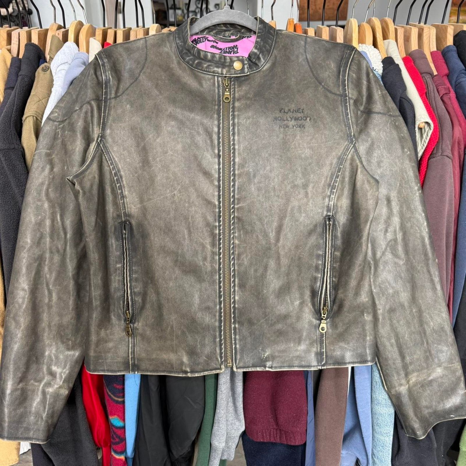 Planet Hollywood Vintage Women's Planet Hollywood New York Leather Jacket Size L / US 10 / IT 46 - 1 Thumbnail