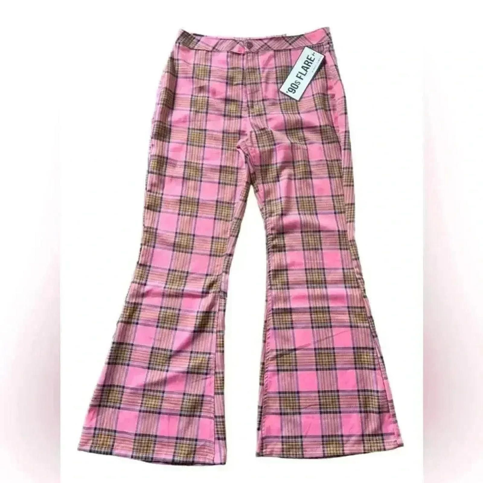Designer Vintage Pink Plaid Flare Pants - Bohemian Chic Size 25" / US 0 / IT 36 - 1 Thumbnail