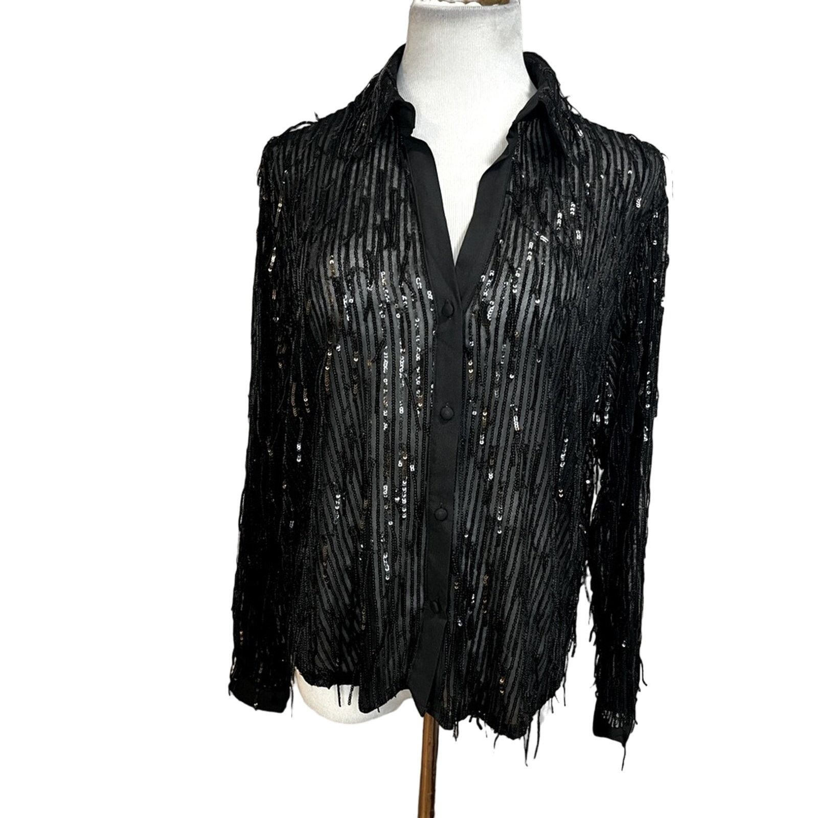 Zara NWT- Zara Woman Black Shirt Top With Sequined Fringing SZ M Size M / US 6-8 / IT 42-44 - 4 Thumbnail