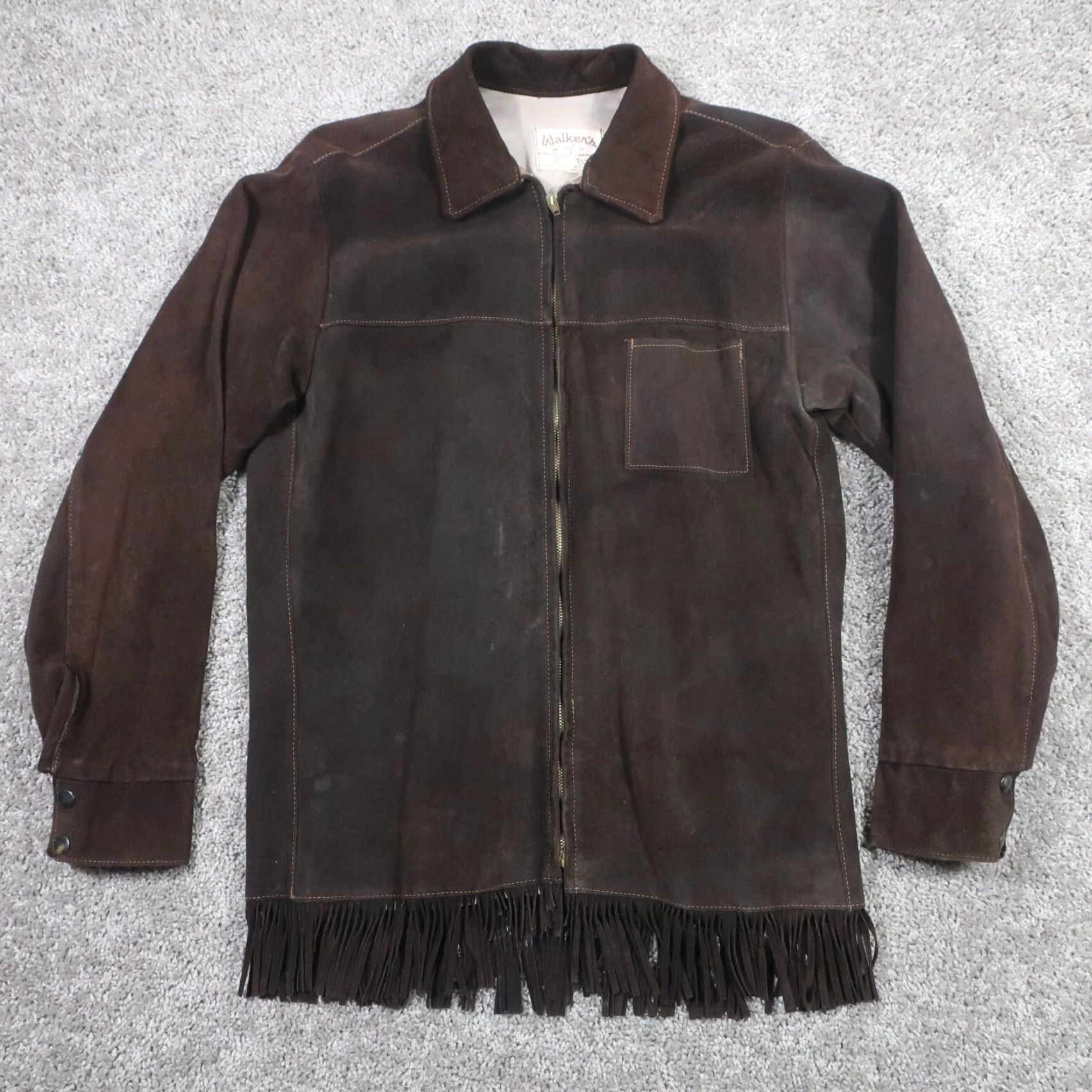 Vintage VTG Walker's Riding Apparel Leather Jacket Mens 40 Brown Suede Fringes Western Bomber Jacket Adult Men Size US XXS / EU 40 - 3 Thumbnail