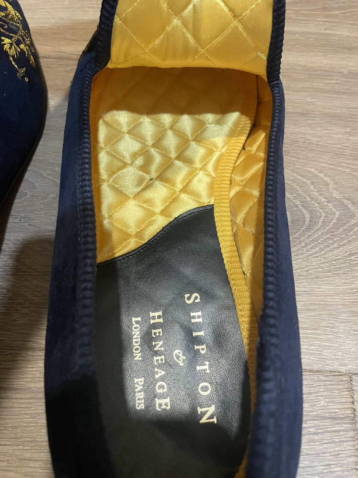 Shipton & Heneage Blue velvet Albert slipper/loafer gold tulip Size US 13 / EU 46 - 6 Thumbnail