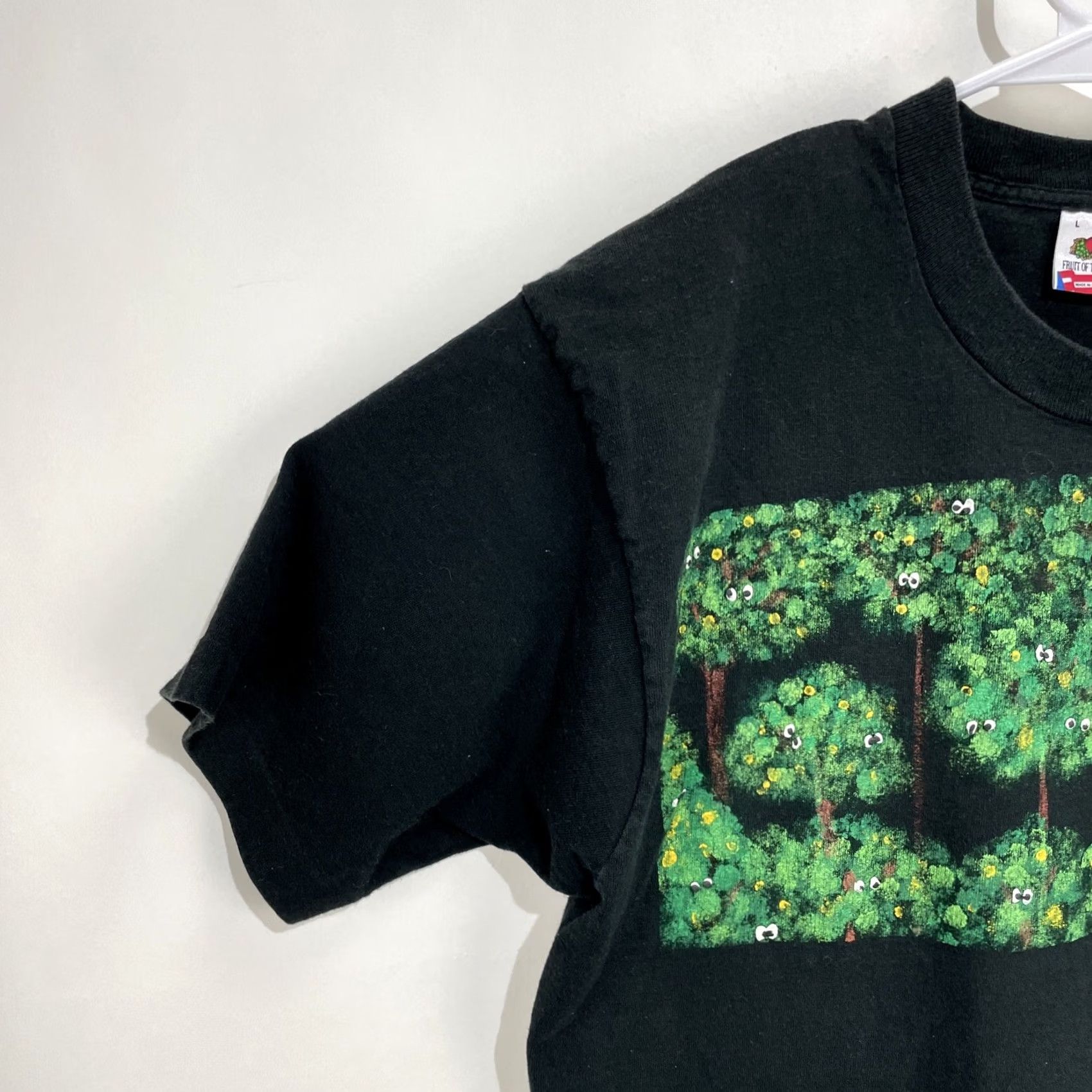 Fruit Of The Loom VINTAGE Puff Painted Eyes In The Forest T Shirt Large Black Cotton Fruit of the Loom Men 1990s Graphic Tee Grunge US Made Size US L / EU 52-54 / 3 - 4 Thumbnail