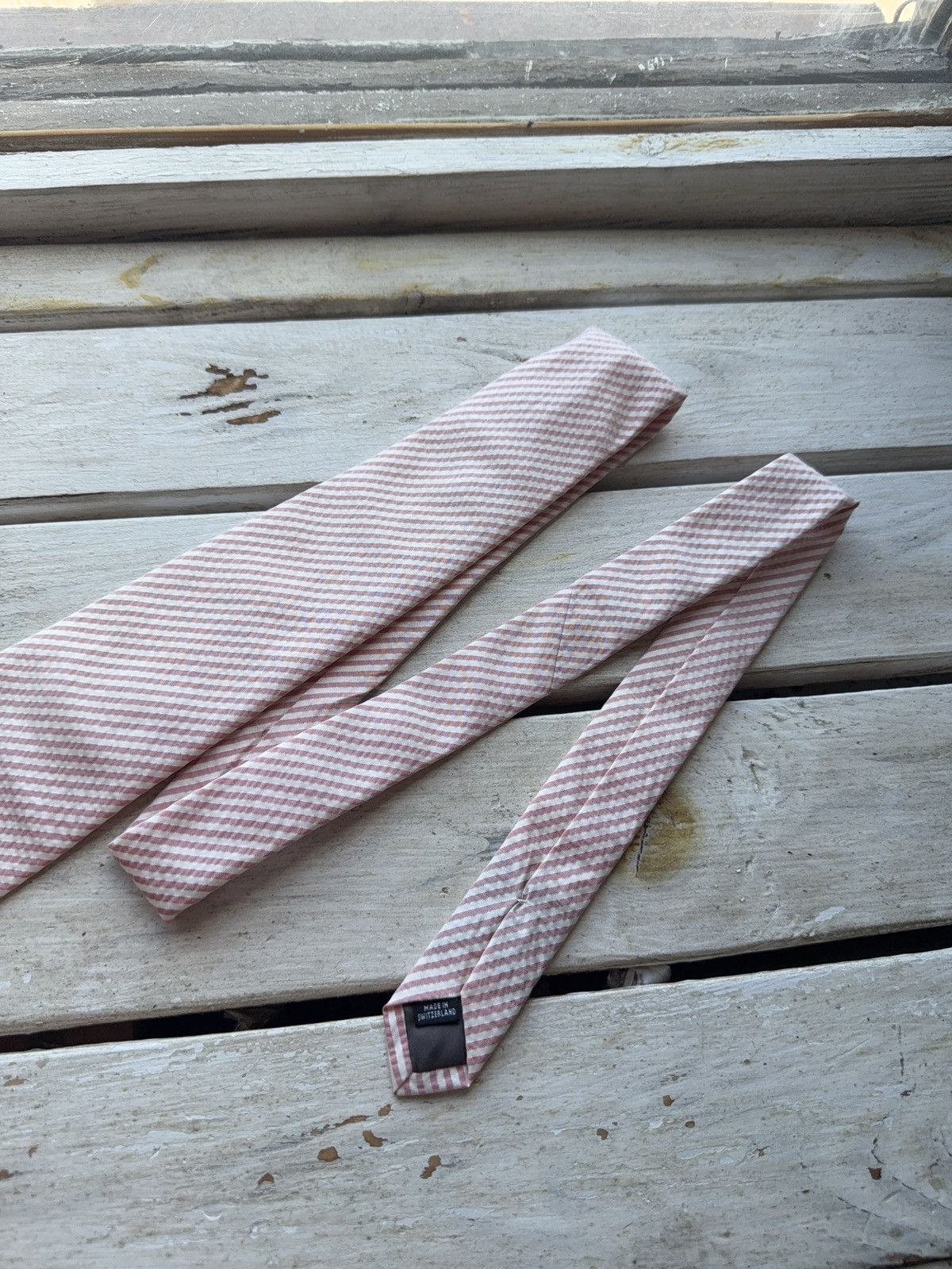Designer × Karl Lagerfeld Vintage Karl Lagerfeld Striped Tie – Pink & White Seersucker Size ONE SIZE - 3 Thumbnail