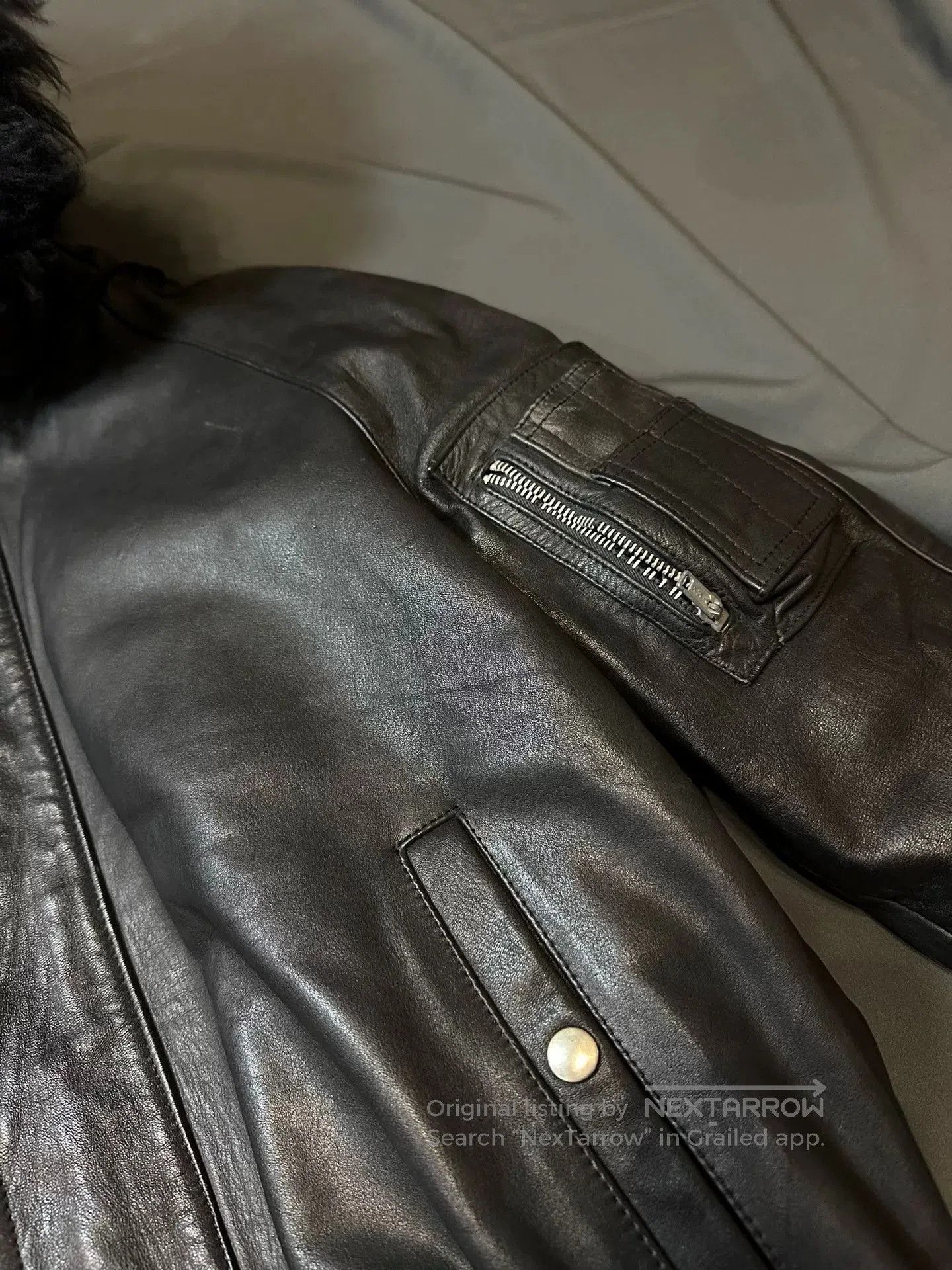 vintage black bomber leather jacket with hood.