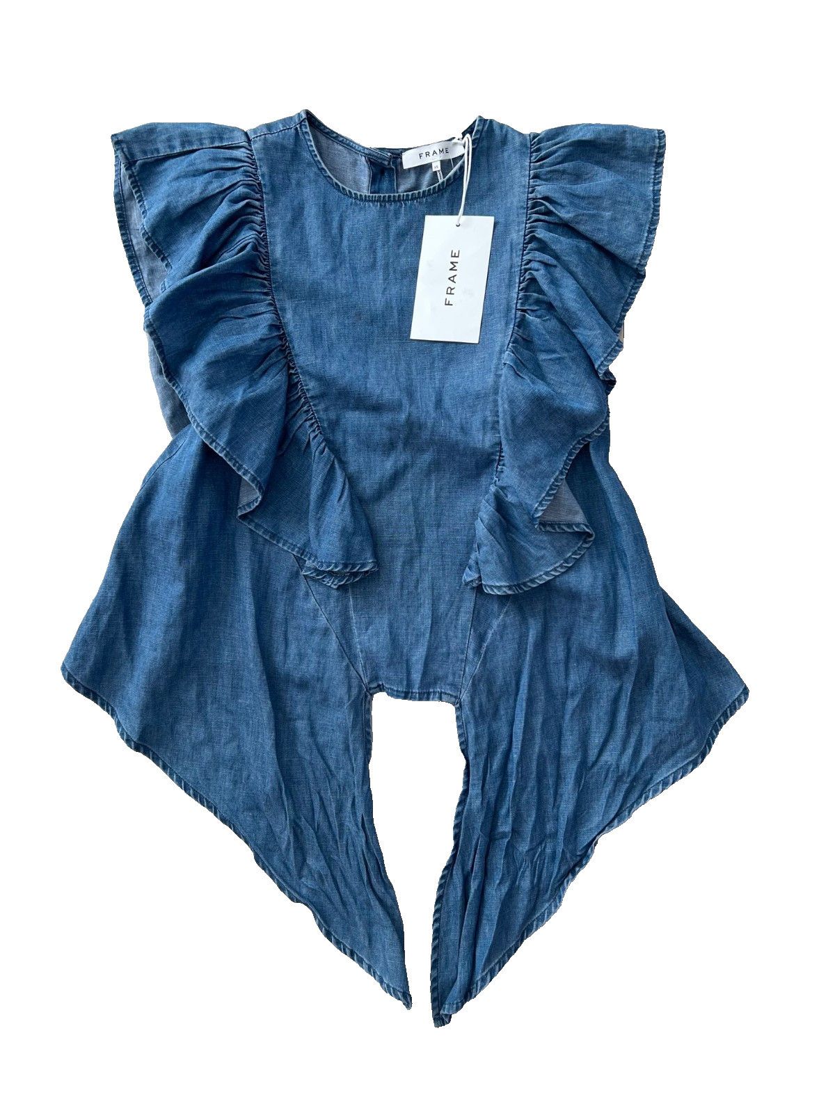 Frame FRAME Knot Ruffled Tie Chambray Denim Flutter Top xs Size XS / US 0-2 / IT 36-38 - 3 Thumbnail