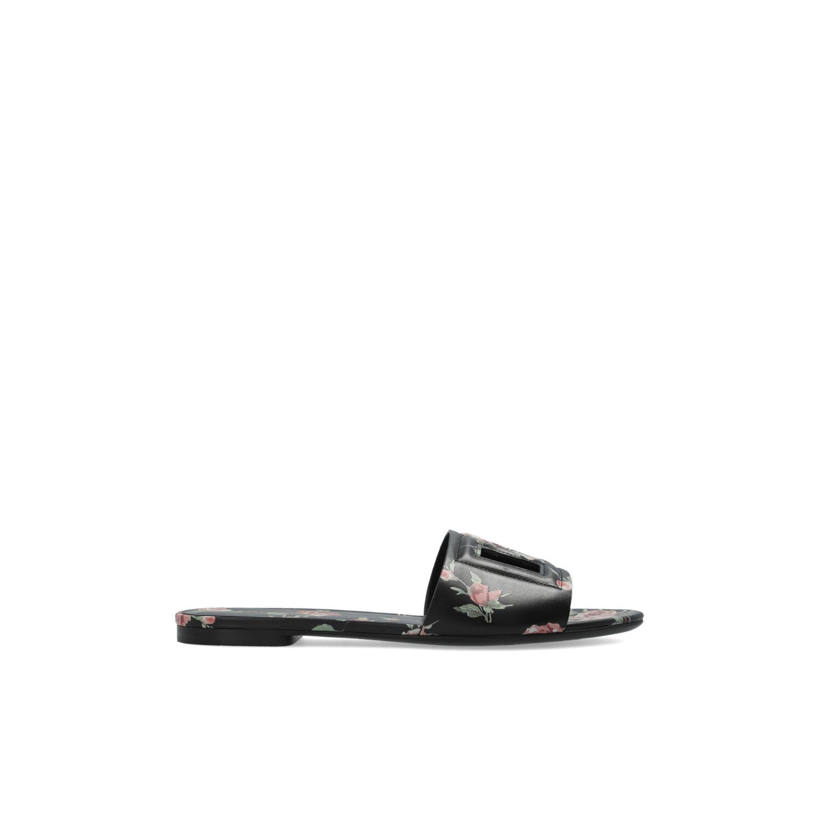 DOLCE&GABBANA Flower Black Leather Slides New & Authentic (W