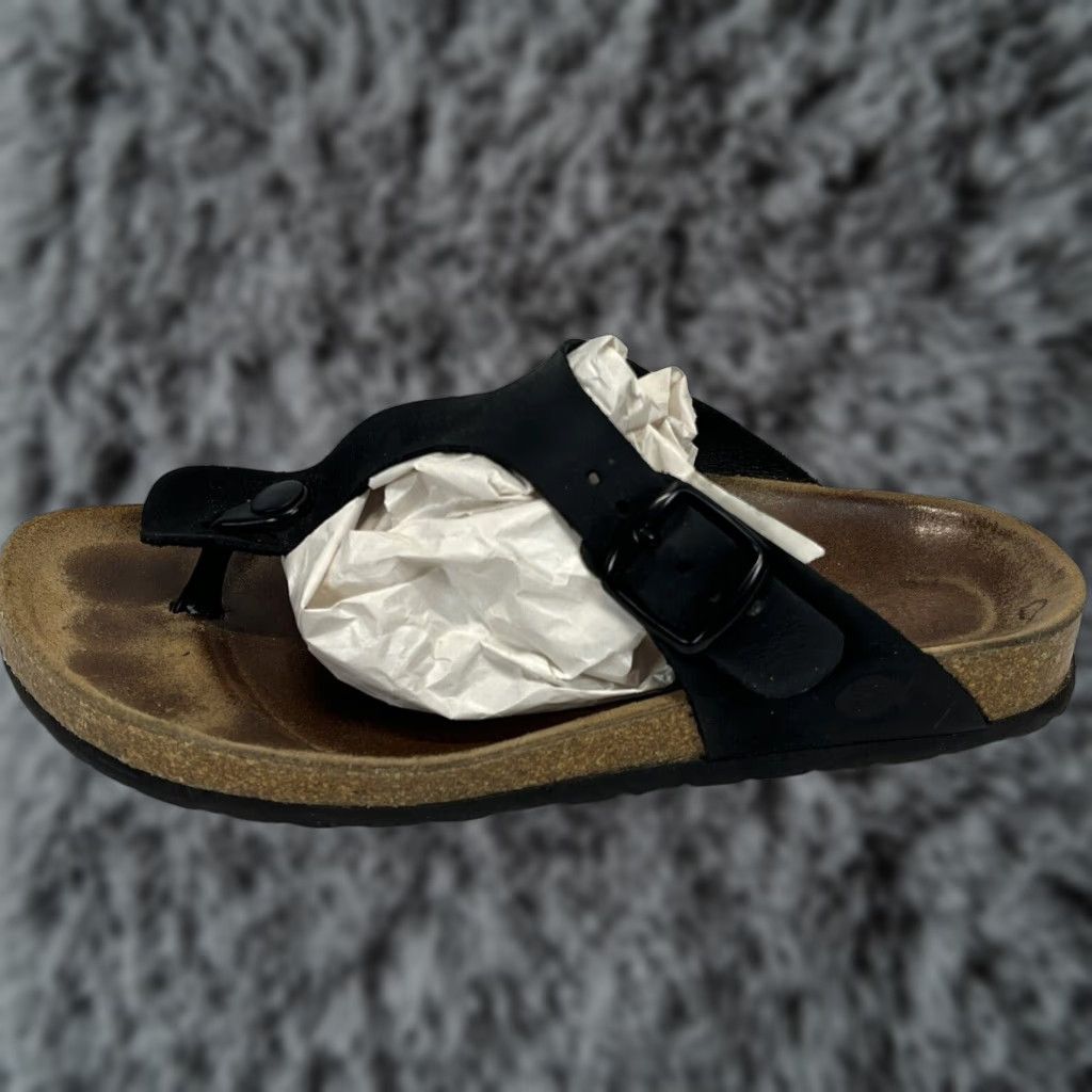 Vintage Bio Bio Womens Thong Sandals Black Leather Cork Bed Sz 38 US 7 GUC Cork Insole Outsole Leather Upper Leather Lü? Size US 7 / IT 37 - 1 Thumbnail