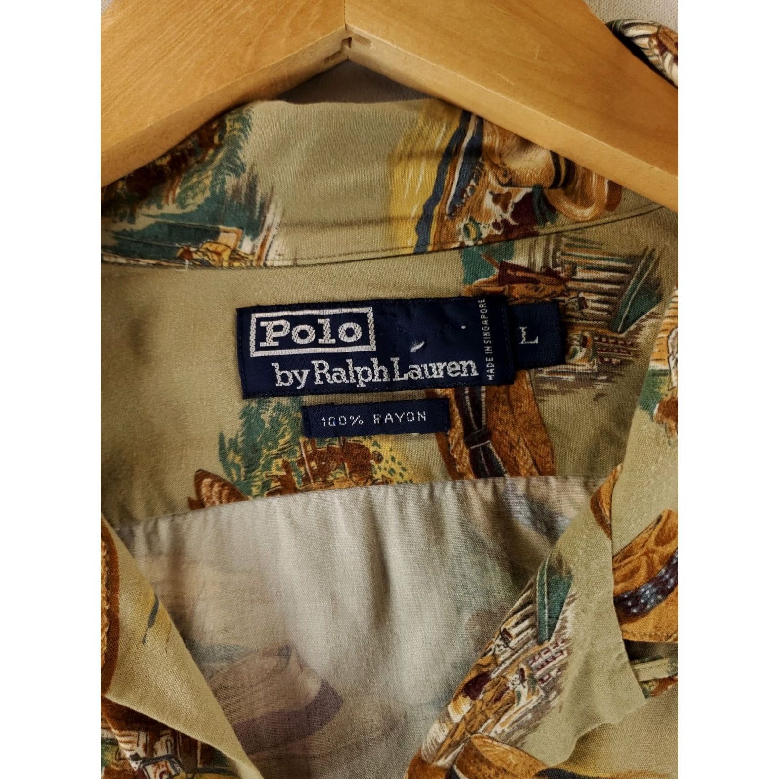 Polo Ralph Lauren VINTAGE Polo Ralph Lauren Shirt Mens L Brown Rayon Short Sleeve AOP Hats Loop Collar - Hole in back Size US L / EU 52-54 / 3 - 3 Thumbnail