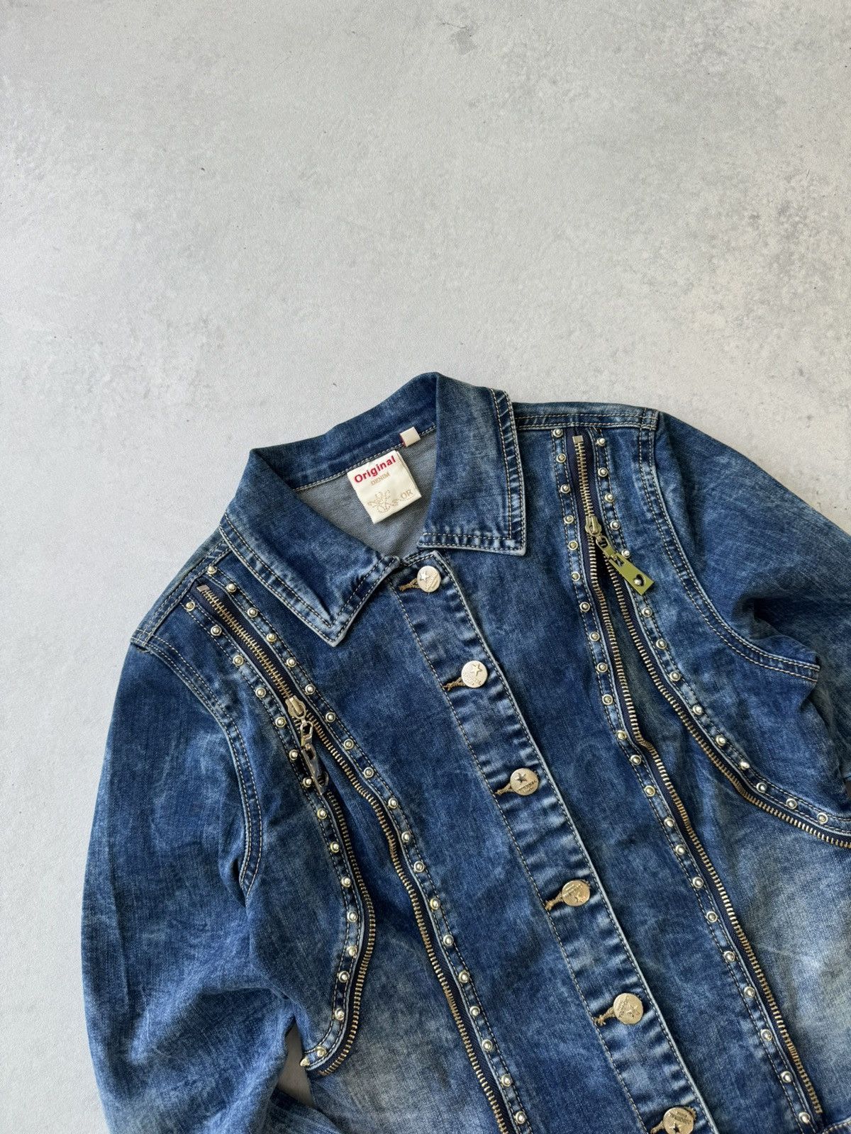 If Six Was Nine Vintage Cropped Rhinestone Avant-Gard Style Y2K Denim Jacket Size S / US 4 / IT 40 - 3 Thumbnail
