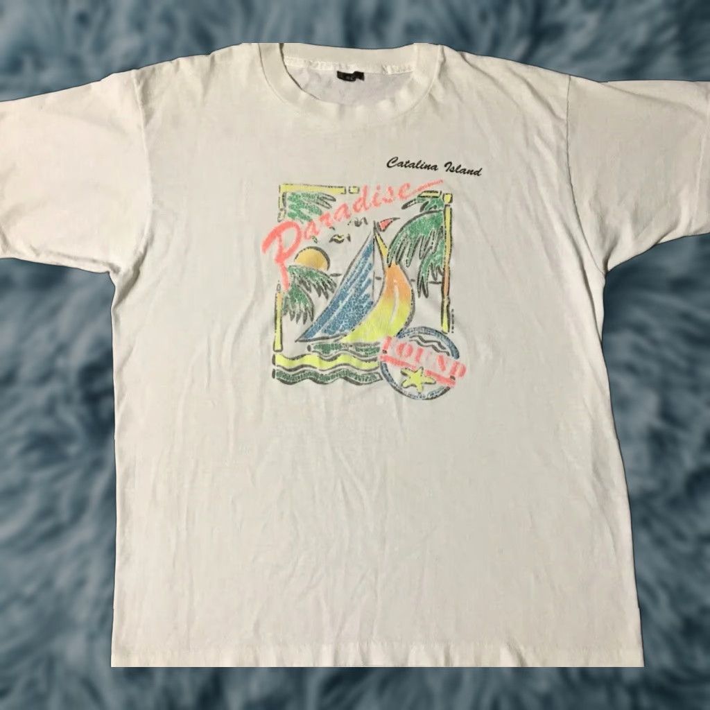 VINTAGE 90s Catalina Island Paradise Shirt M USA Beach Surf Grunge OP TC 80s - Single Stitch T-Shirt Men White Short Sleeve Pattern Striped