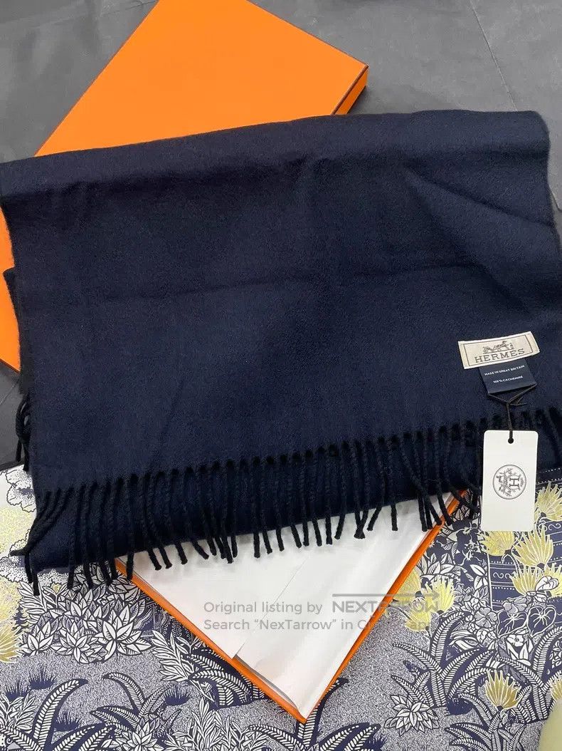 Hermes Hermes Black Blue Mixed Cashmere Fringe Scarf Size ONE SIZE - 1 Thumbnail