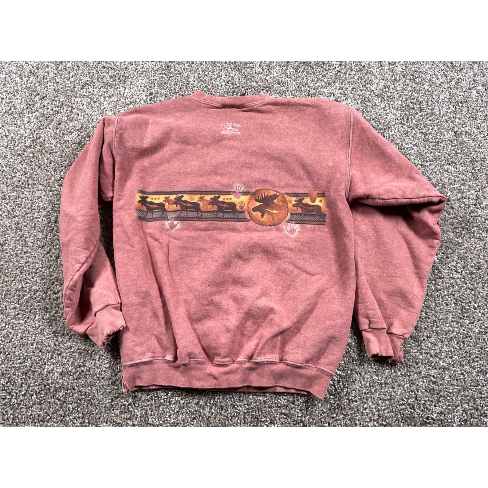 Vintage VINTAGE Stone Aged Rock Wear Sweatshirt Crew Neck Red Tie Dye Moose Print Adult Small Distressed Long Sleeve Pullover Cotton Polyester Cotton Blend Size US S / EU 44-46 / 1 - 3 Thumbnail