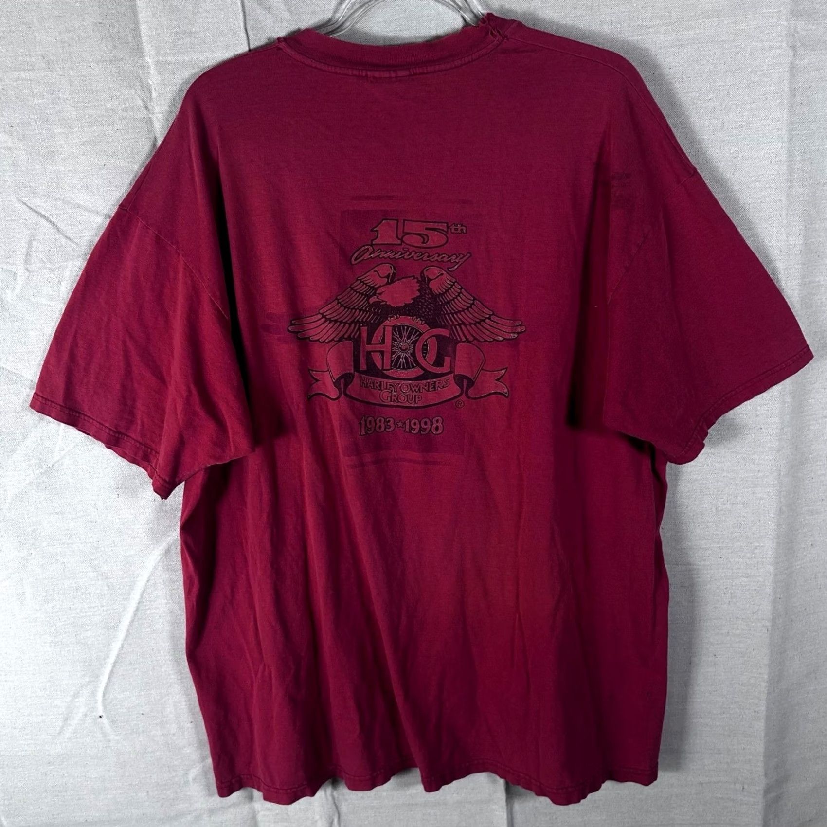 Harley Davidson VINTAGE Harley-Davidson HOG 15th Anniversary T-Shirt XXL Maroon Distressed Shirt Mens 1990s Grunge Graphic Tee Short Sleeve Cotton Red Gleam 2XL Size US XXL / EU 58 / 5 - 2 Thumbnail
