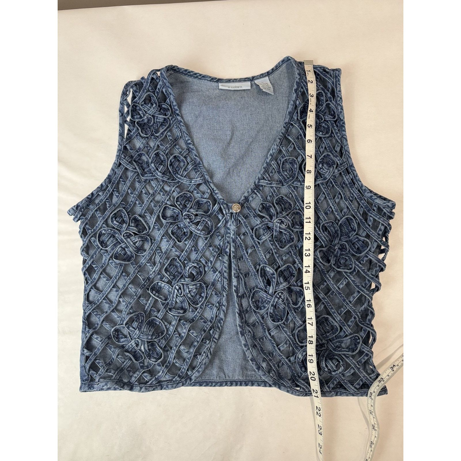 Other Vintage 90s Boho Denim Vest Floral Open Weave Crochet Large Size L / US 10 / IT 46 - 6 Thumbnail