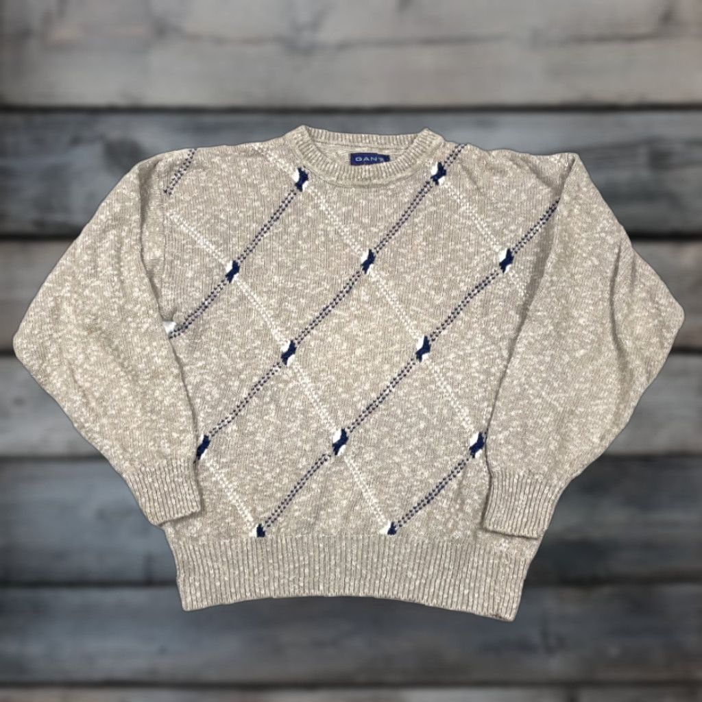 Gant VINTAGE GANT Sweater Diamond Knit Pattern Heavyweight Crew Neck Mens L Beige Knit 80s 90s Retro Tennis Classic Size US L / EU 52-54 / 3 - 1 Thumbnail