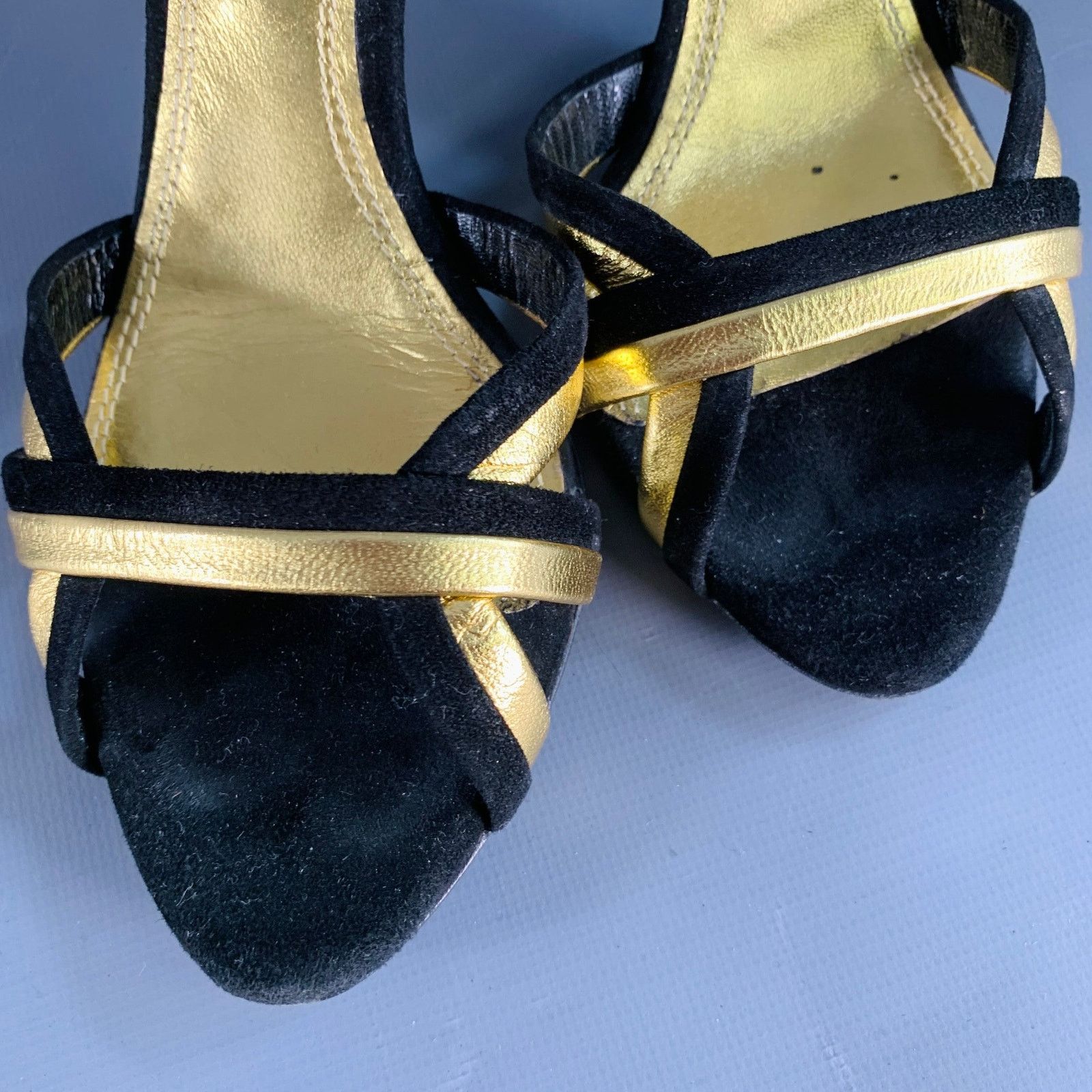 Ralph Lauren Black Metallic Gold Suede Leather Strappy Ankle Sandals Size US 6 / IT 36 - 9 Thumbnail
