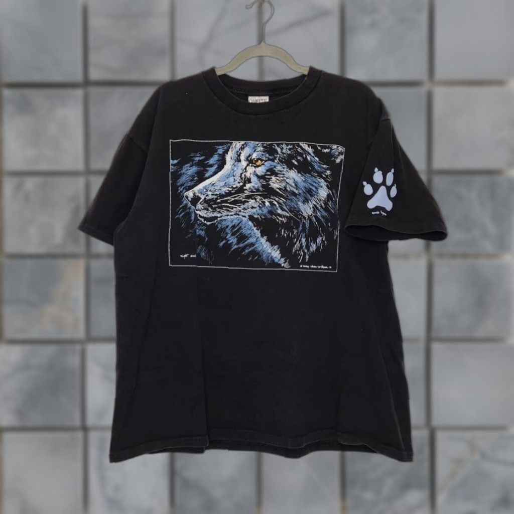 Vintage VINTAGE Wolf Portrait Art Oneita XL Black Shirt Nature VTG 90s Top Artist Unisex Adults Mens Womens Size US XL / EU 56 / 4 - 1 Thumbnail