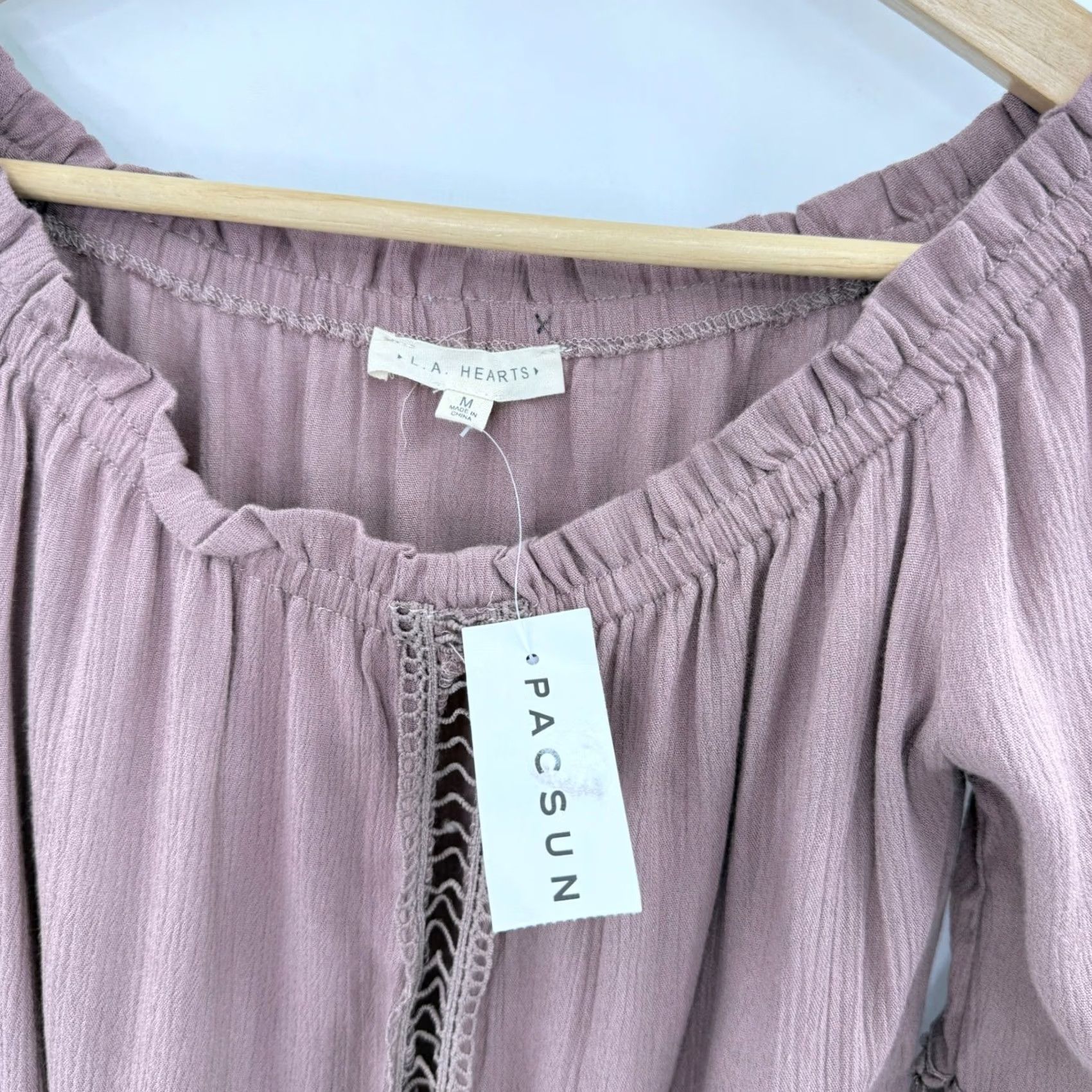 Pinko LA Hearts Blouse Size M Mauve Pink Off The Shoulder Crochet Trim Drawstring NWT Size M / US 6-8 / IT 42-44 - 5 Thumbnail