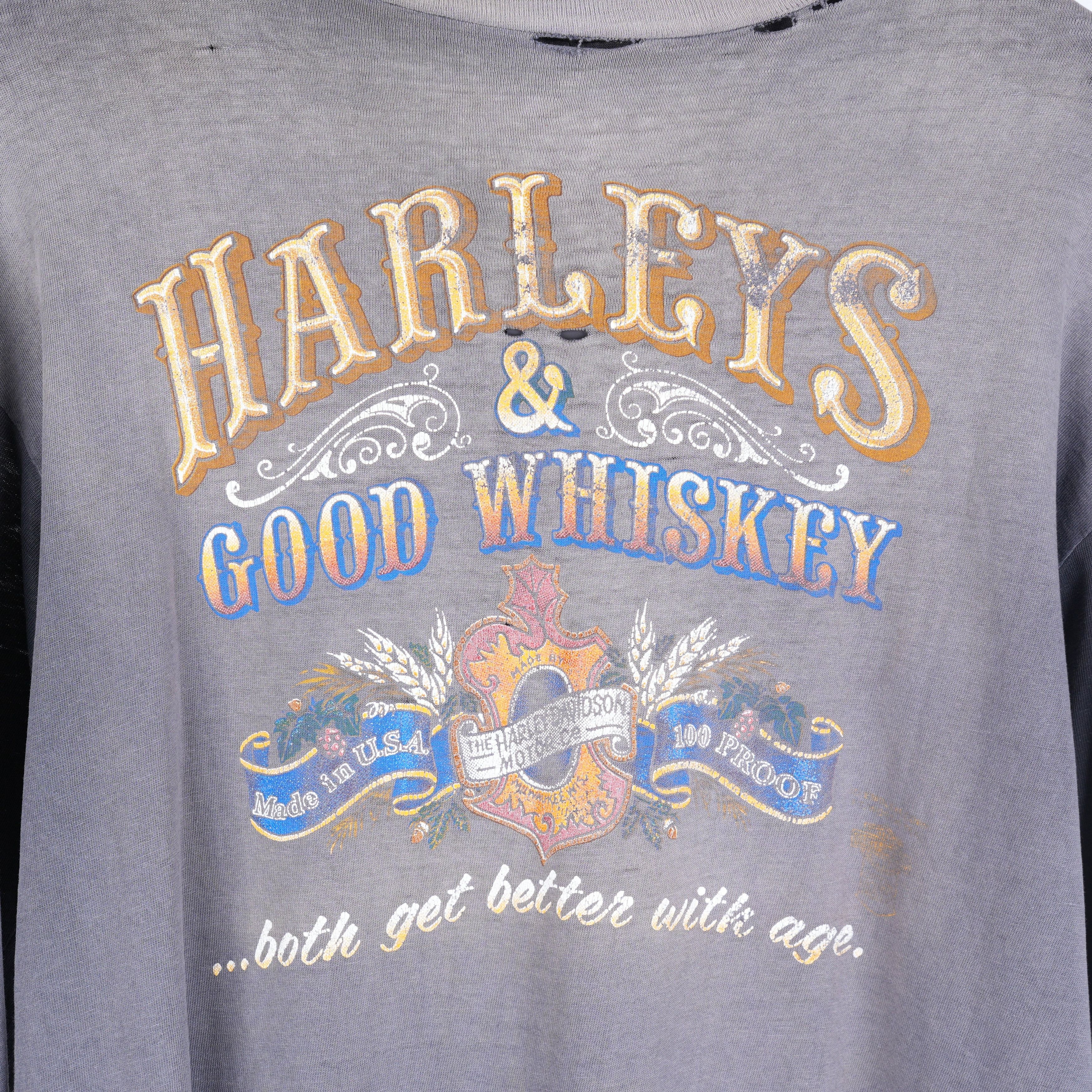 Vintage 1980S HARLEYS AND GOOD WHISKEY THRASHED FADED LONG SLEEVE T- Size US L / EU 52-54 / 3 - 3 Thumbnail