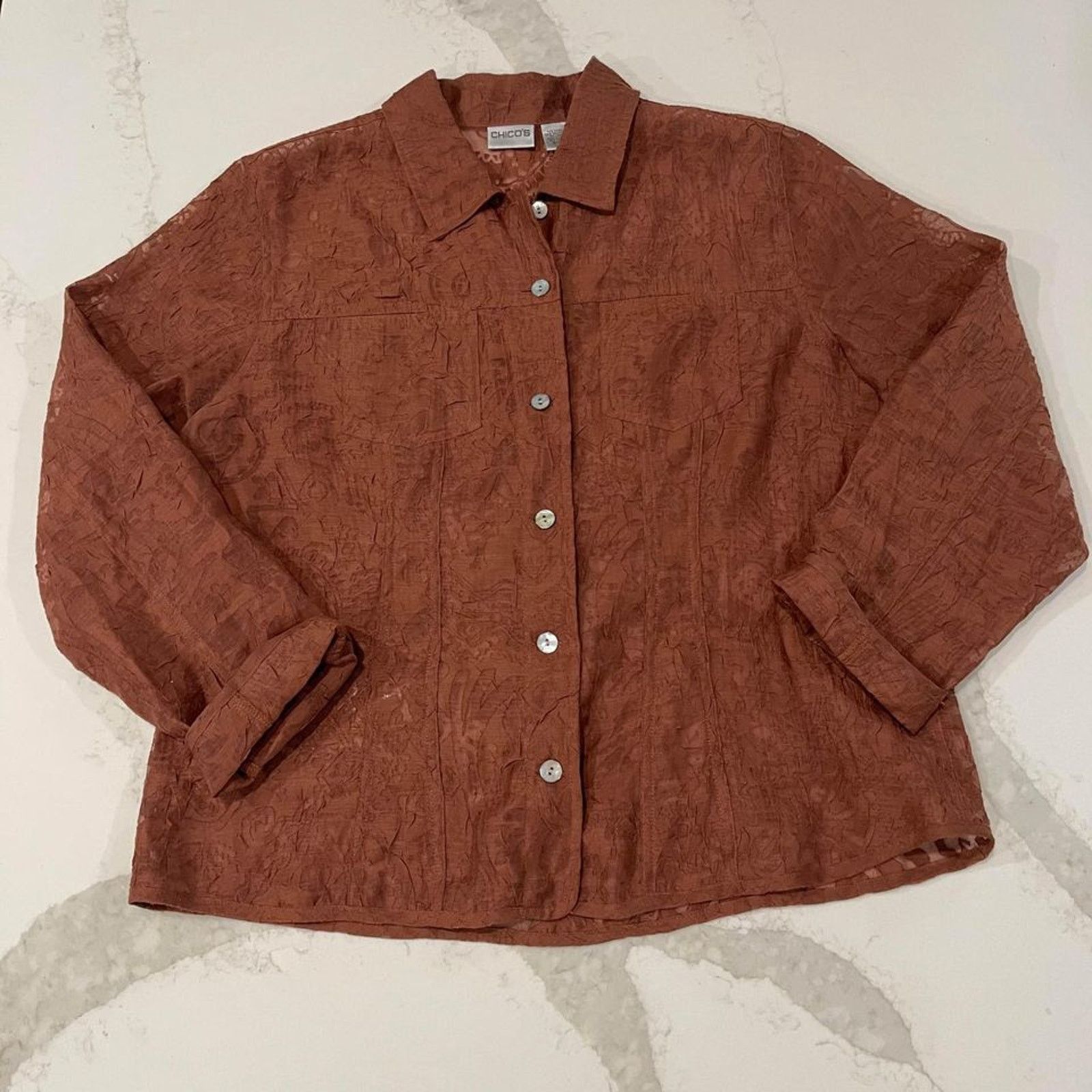 Chicos Chicos Sheer Floral Copper Brown Button Up Blouse Chicos 2 Size L / US 10 / IT 46 - 1 Thumbnail