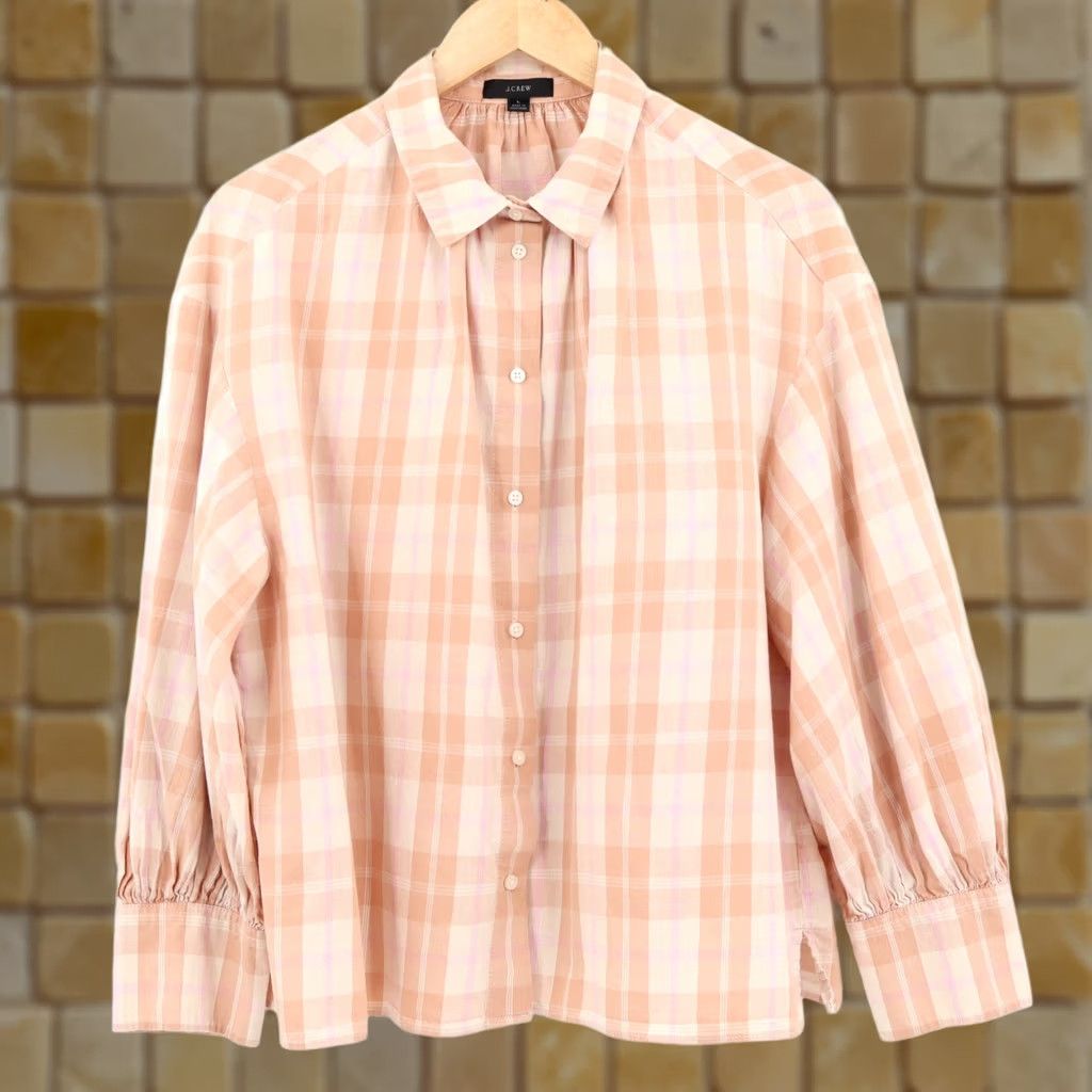 J.Crew J. Crew Shirt Womens Plaid Flannel Peach Pink Size L Cotton Light 100% Button Collar Casual Regular Long Sleeve Balloon Sleeve Vintage No Size L / US 10 / IT 46 - 1 Thumbnail