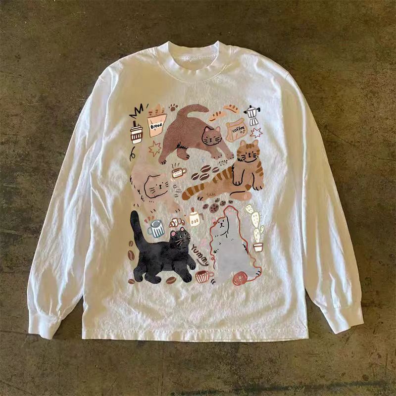 Japanese Brand White casual retro cartoon cat print long-sleeved t-shirt Size US M / EU 48-50 / 2 - 1 Thumbnail