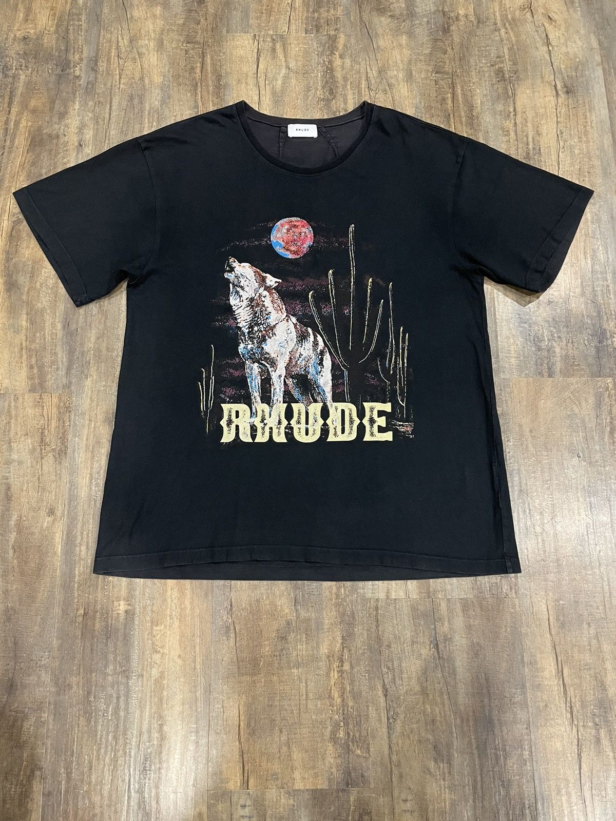 Rhude RARE Rhude Wolf Moon Logo Black Tee Desert Cactus | Grailed