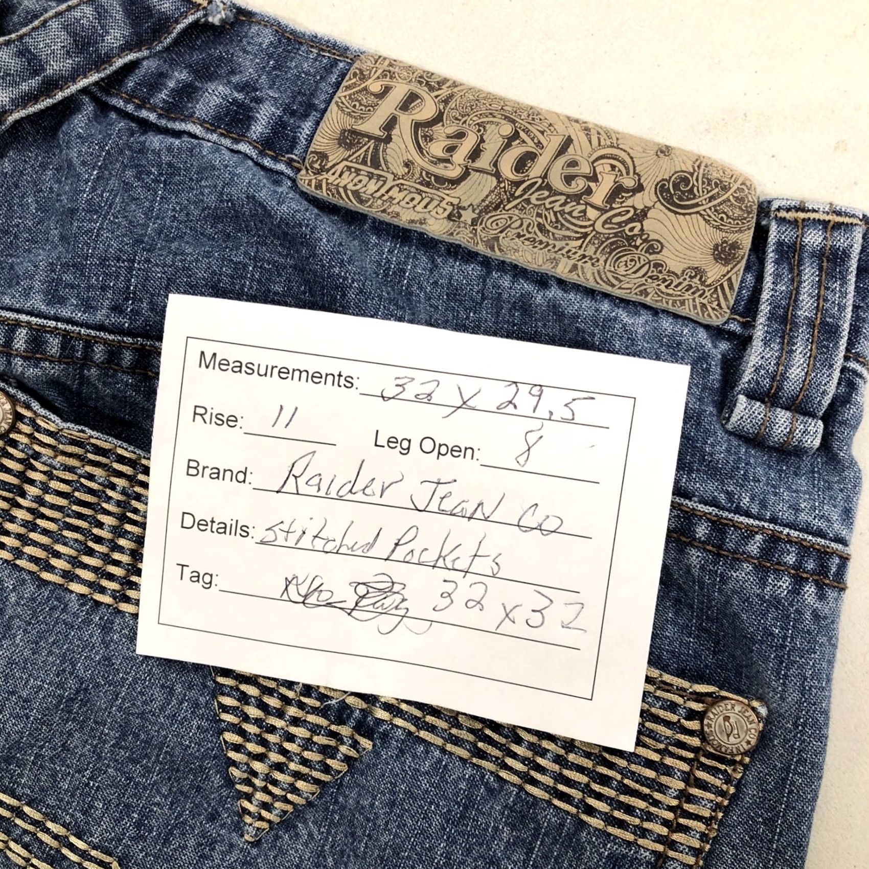 Vintage Raider Jeans Mens 32 x 29.5 Blue Baggy Embroidered Logo 5-Pocket Wide-Leg Distressed Hip Hop Skater Vintage Jeans Mens Regular Size US 32 / EU 48 - 2 Thumbnail