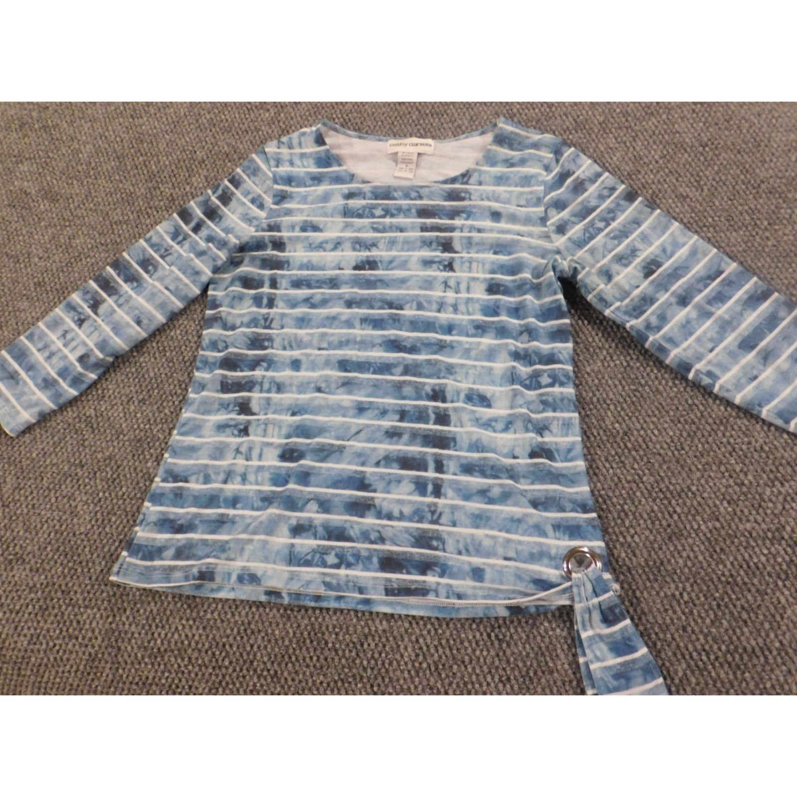 Vintage Cathy Daniels Womens Blouse S Blue Striped Pullover Casual Long Sleeve Button Collared Rayon Spandex Breathable Stretch Regular Top Shirt Size S / US 4 / IT 40 - 2 Thumbnail