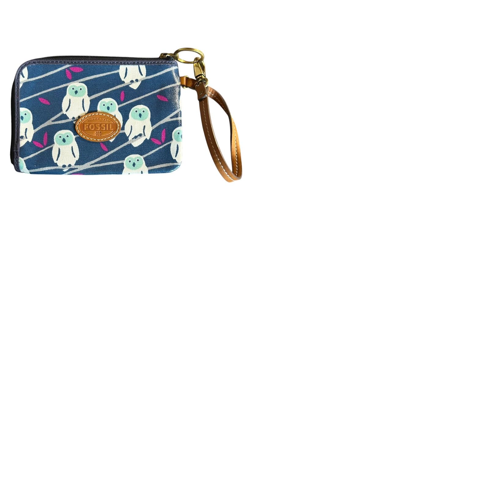 Fossil Fossil Wristlet Blue Owls Zip Around Cardholder Inside Pocket Strap Women Canvas Leather Size ONE SIZE - 10 Thumbnail